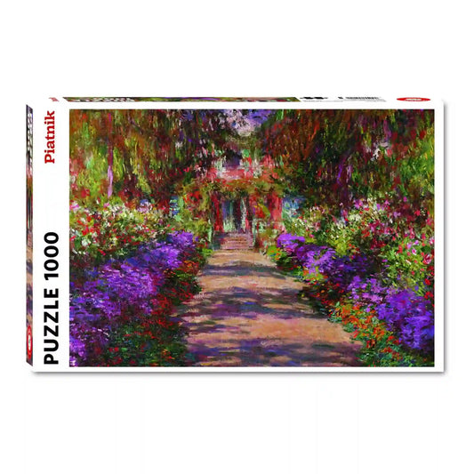 Piatnik Garden at Giverny - Claude Monet 1000 darabos puzzle,dobozkép, színpompás impresszionista kerti ösvénnyel, lila virágágyásokkal és buja növényzettel Monet híres stílusában.