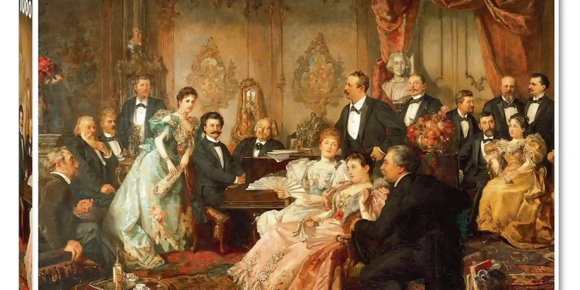 Piatnik Johann Strauss Portrait 1000 darabos puzzle dobozképe, amely egy 19. századi bécsi szalonban játszódó művészi jelenetet ábrázol.