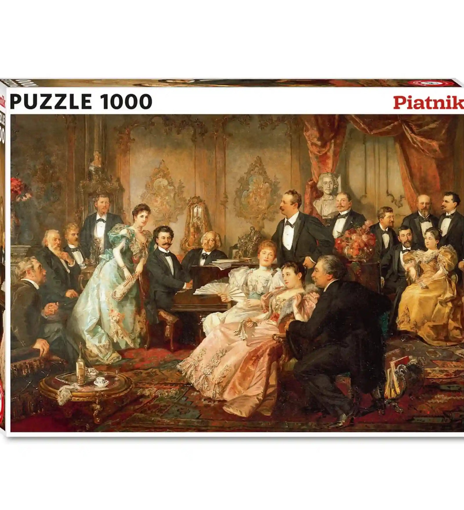 Piatnik Johann Strauss Portrait 1000 darabos puzzle dobozképe, amely egy 19. századi bécsi szalonban játszódó művészi jelenetet ábrázol.