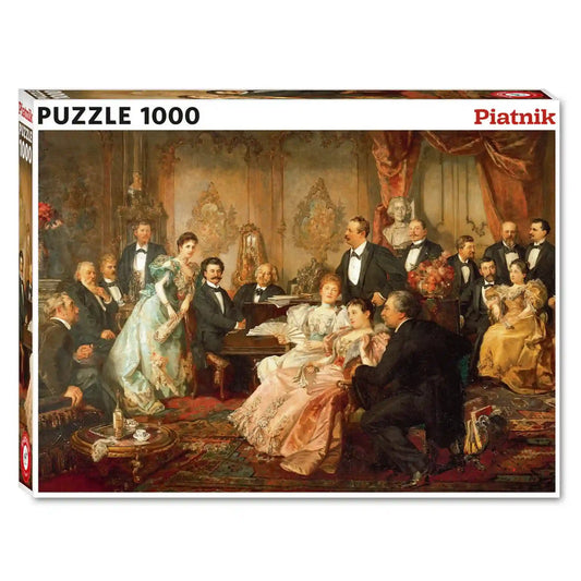 Piatnik Johann Strauss Portrait 1000 darabos puzzle dobozképe, amely egy 19. századi bécsi szalonban játszódó művészi jelenetet ábrázol.