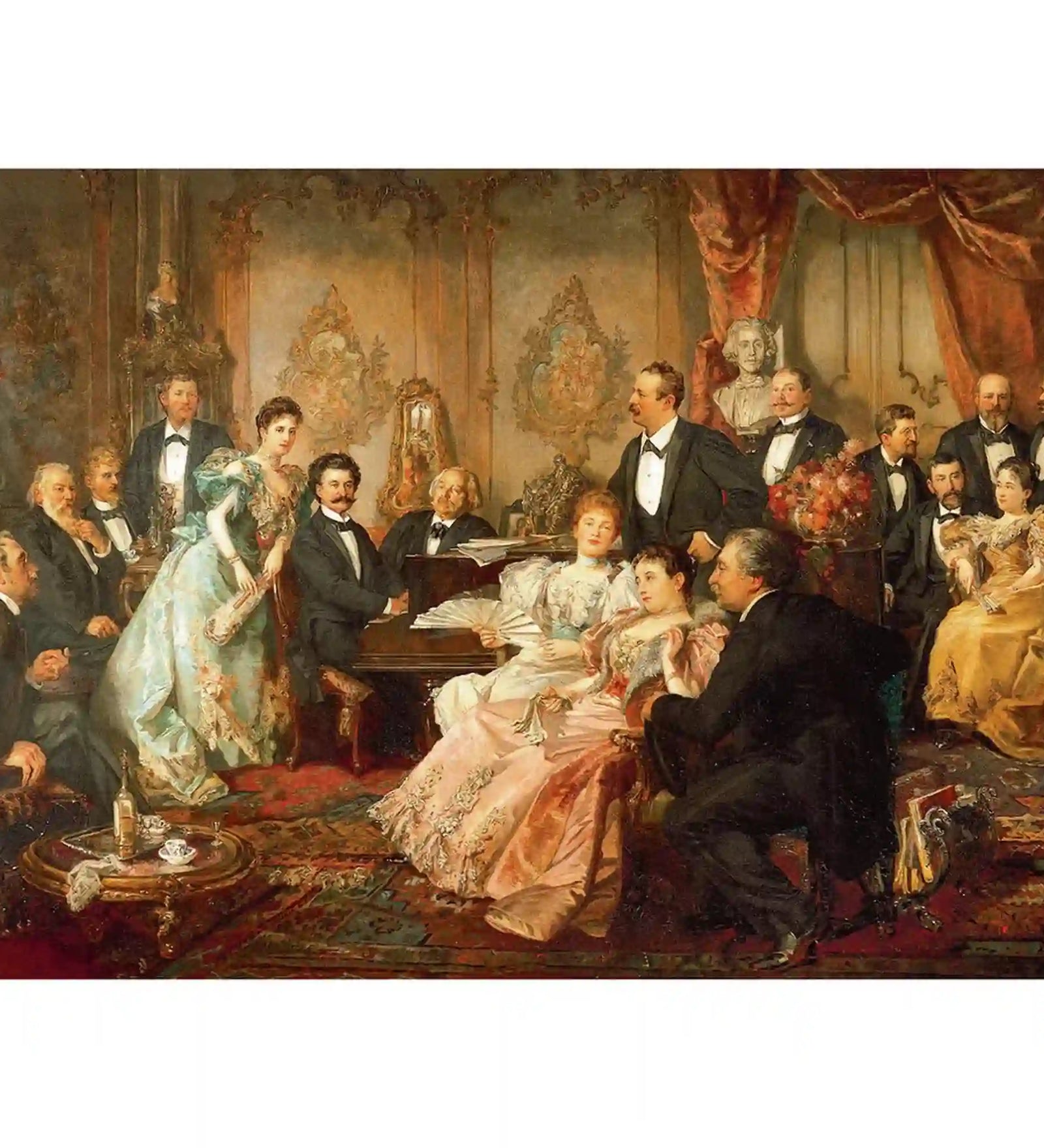 Johann Strauss elegáns szalonjelenetet ábrázoló festménye, korabeli bécsi társasággal, díszes ruhákban és gazdagon berendezett enteriőrben.