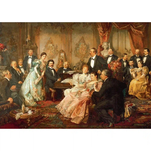 Johann Strauss elegáns szalonjelenetet ábrázoló festménye, korabeli bécsi társasággal, díszes ruhákban és gazdagon berendezett enteriőrben.
