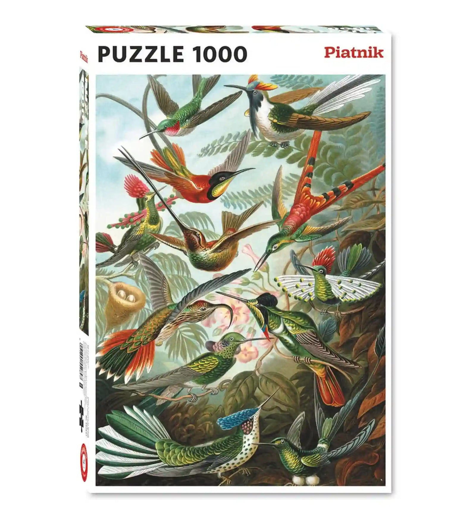Piatnik Hummingbirds - Ernst Haeckel 1000 darabos puzzle dobozképe, amely színpompás kolibriket és trópusi növényeket ábrázoló művészi illusztrációt mutat.