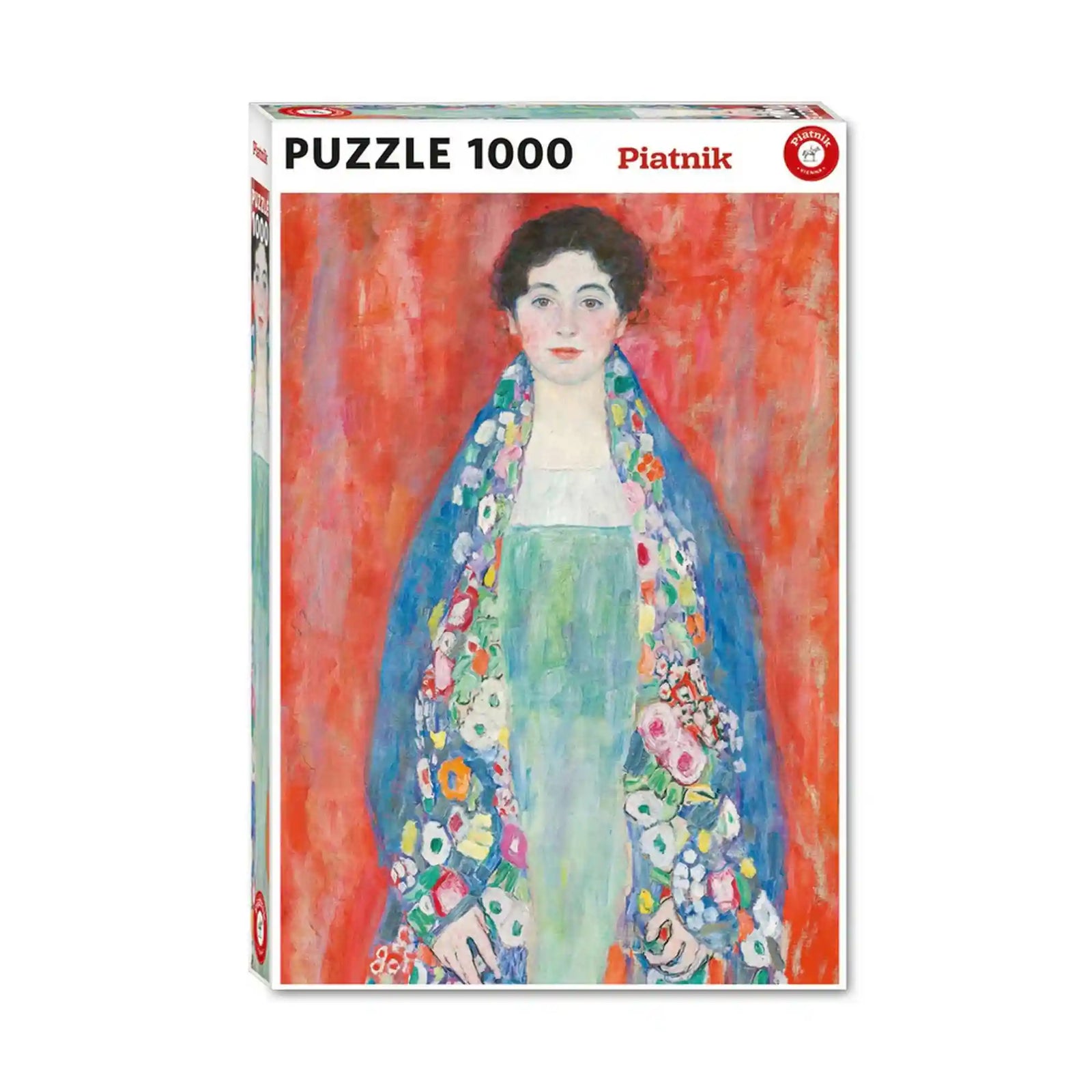 Piatnik Fräulein Lieser – Gustav Klimt 1000 darabos puzzle dobozképe, a híres szecessziós portréval, gazdag díszítőmotívumokkal és élénk színekkel.