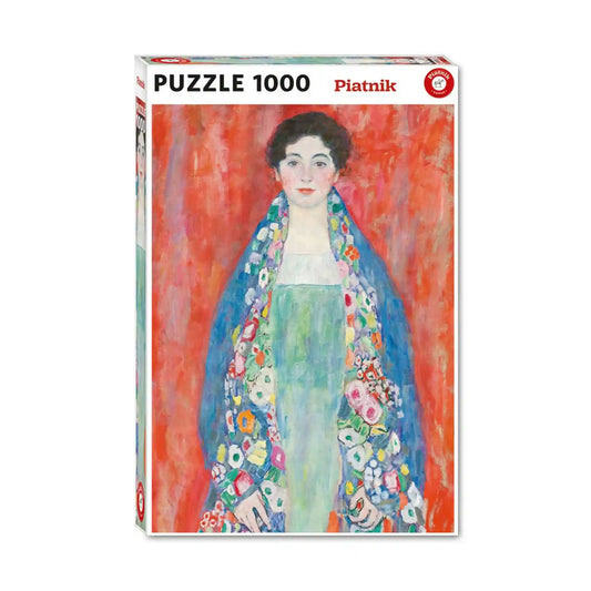 Piatnik Fräulein Lieser – Gustav Klimt 1000 darabos puzzle dobozképe, a híres szecessziós portréval, gazdag díszítőmotívumokkal és élénk színekkel.