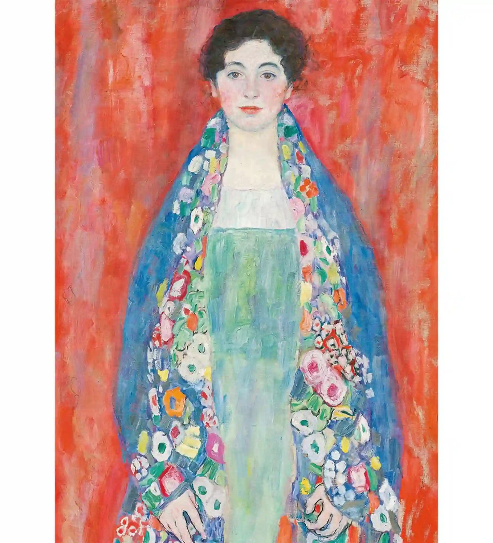 Gustav Klimt Fräulein Lieser című festményének részlete, fiatal nő portréja élénk narancsvörös háttér előtt, virágmintás kék köpenyben és finom pasztellszínű ruhában.