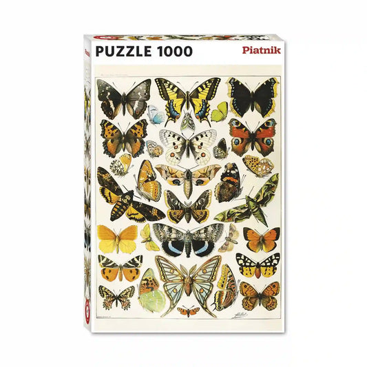 Piatnik Butterflies and Moths – Adolphe Millot 1000 darabos puzzle dobozképe, vintage entomológiai illusztrációval, színes lepkékkel és molyokkal.