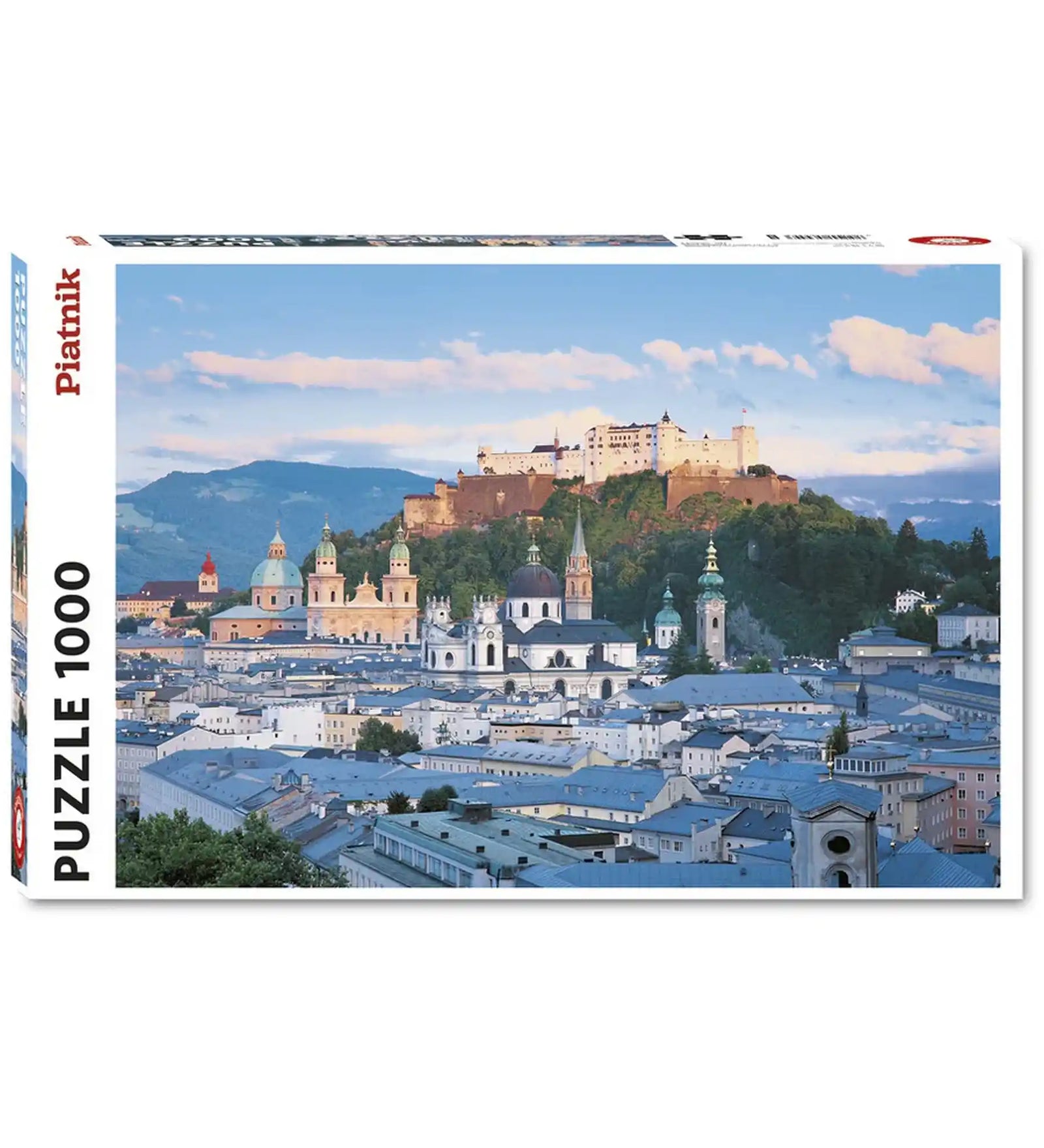 Piatnik Salzburg Landscape 1000 darabos puzzle dobozképe, amely Salzburg óvárosát és a Hohensalzburg erődöt ábrázolja részletgazdag panorámaképen.