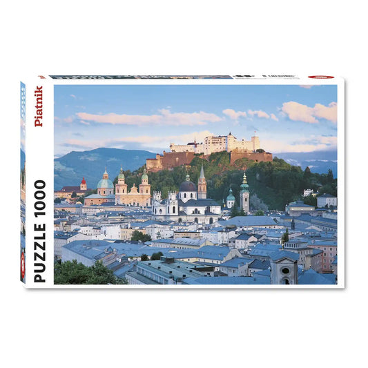 Piatnik Salzburg Landscape 1000 darabos puzzle dobozképe, amely Salzburg óvárosát és a Hohensalzburg erődöt ábrázolja részletgazdag panorámaképen.