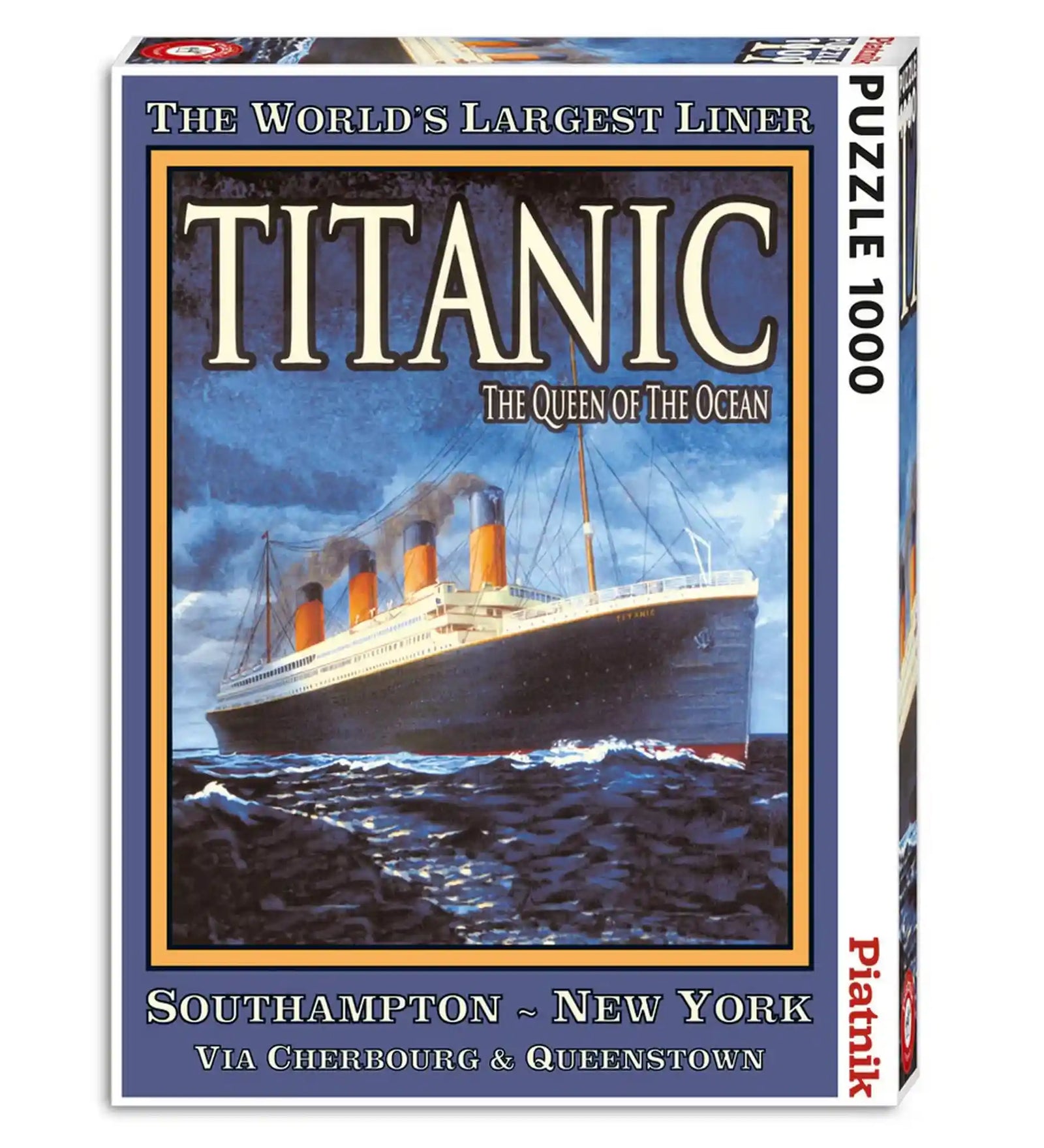 Piatnik Titanic 1000 darabos puzzle dobozképe, klasszikus retro plakát grafikával, amely a legendás Titanic óceánjárót mutatja Southampton és New York útvonalán.
