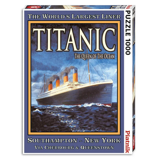 Piatnik Titanic 1000 darabos puzzle dobozképe, klasszikus retro plakát grafikával, amely a legendás Titanic óceánjárót mutatja Southampton és New York útvonalán.