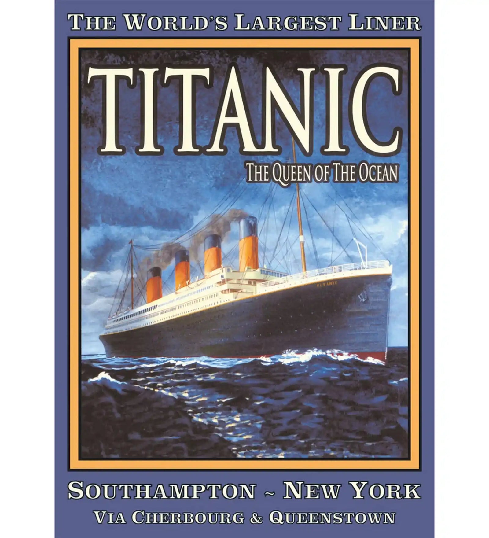 Titanic 1000 darabos Piatnik puzzle kirakott képe, amely egy vintage hajózási plakátot ábrázol az RMS Titanic óceánjáróval az Atlanti-óceán hullámain.