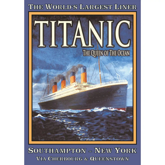 Titanic 1000 darabos Piatnik puzzle kirakott képe, amely egy vintage hajózási plakátot ábrázol az RMS Titanic óceánjáróval az Atlanti-óceán hullámain.