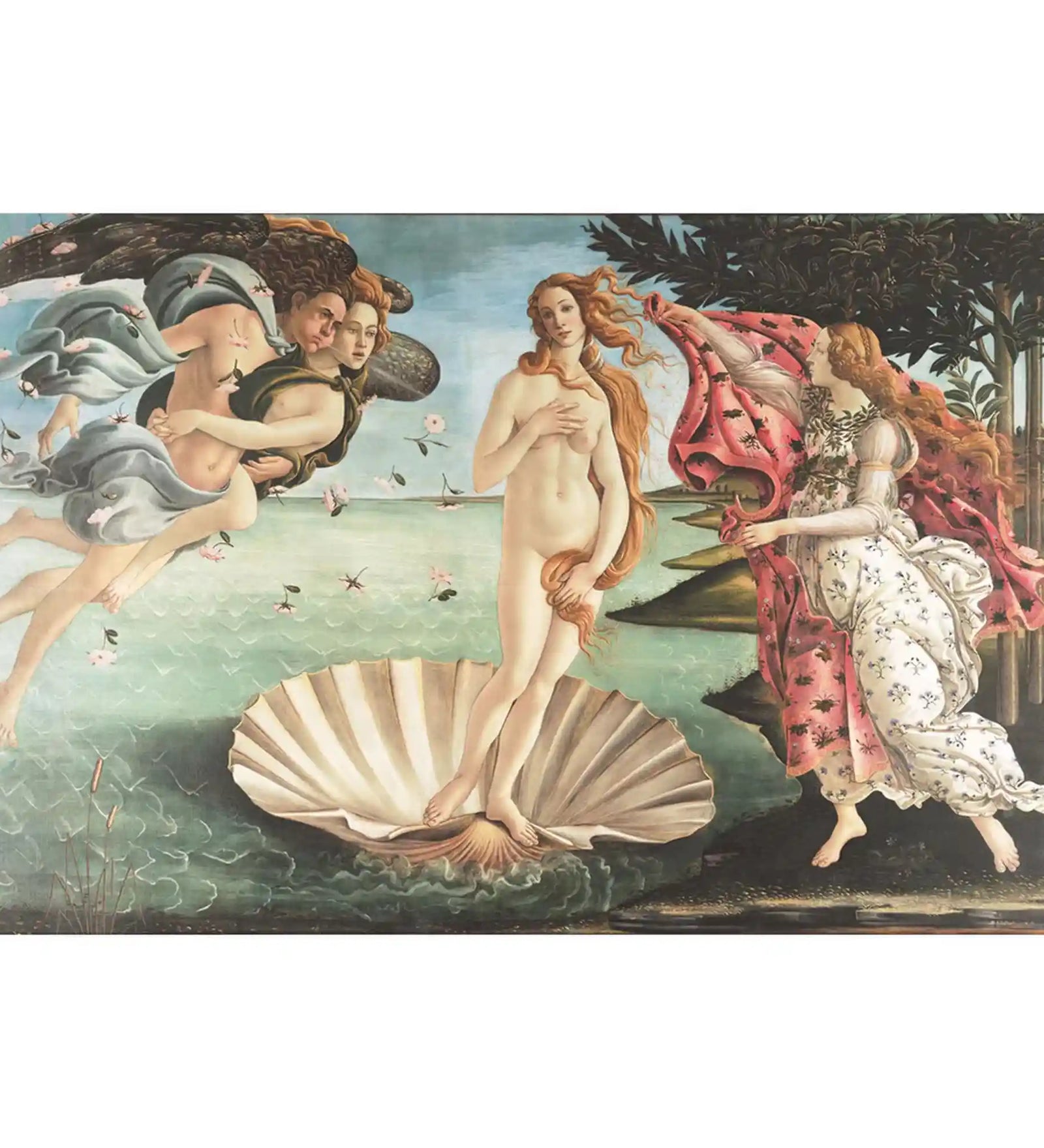 Puzzle Piatnik: Vénusz születése, 1000 darabos kirakókép részlete, Sandro Botticelli ikonikus művével, ahol Vénusz kagylóhéjon áll a tengerparton, körülötte Zephürosz és a tavasz allegorikus alakjai.