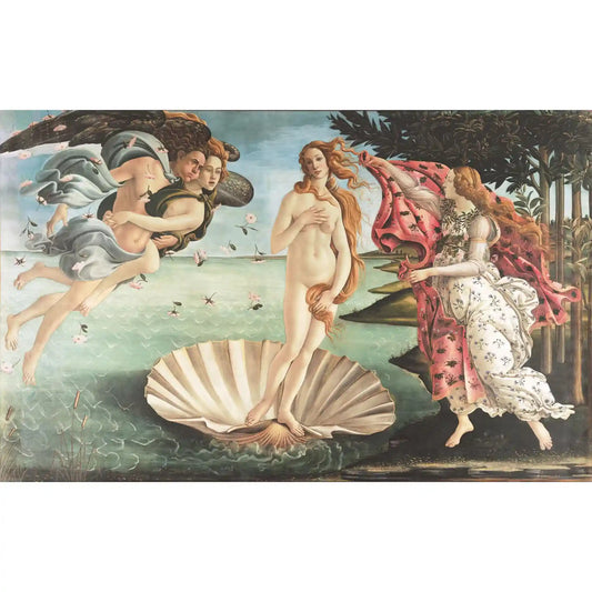Puzzle Piatnik: Vénusz születése, 1000 darabos kirakókép részlete, Sandro Botticelli ikonikus művével, ahol Vénusz kagylóhéjon áll a tengerparton, körülötte Zephürosz és a tavasz allegorikus alakjai.