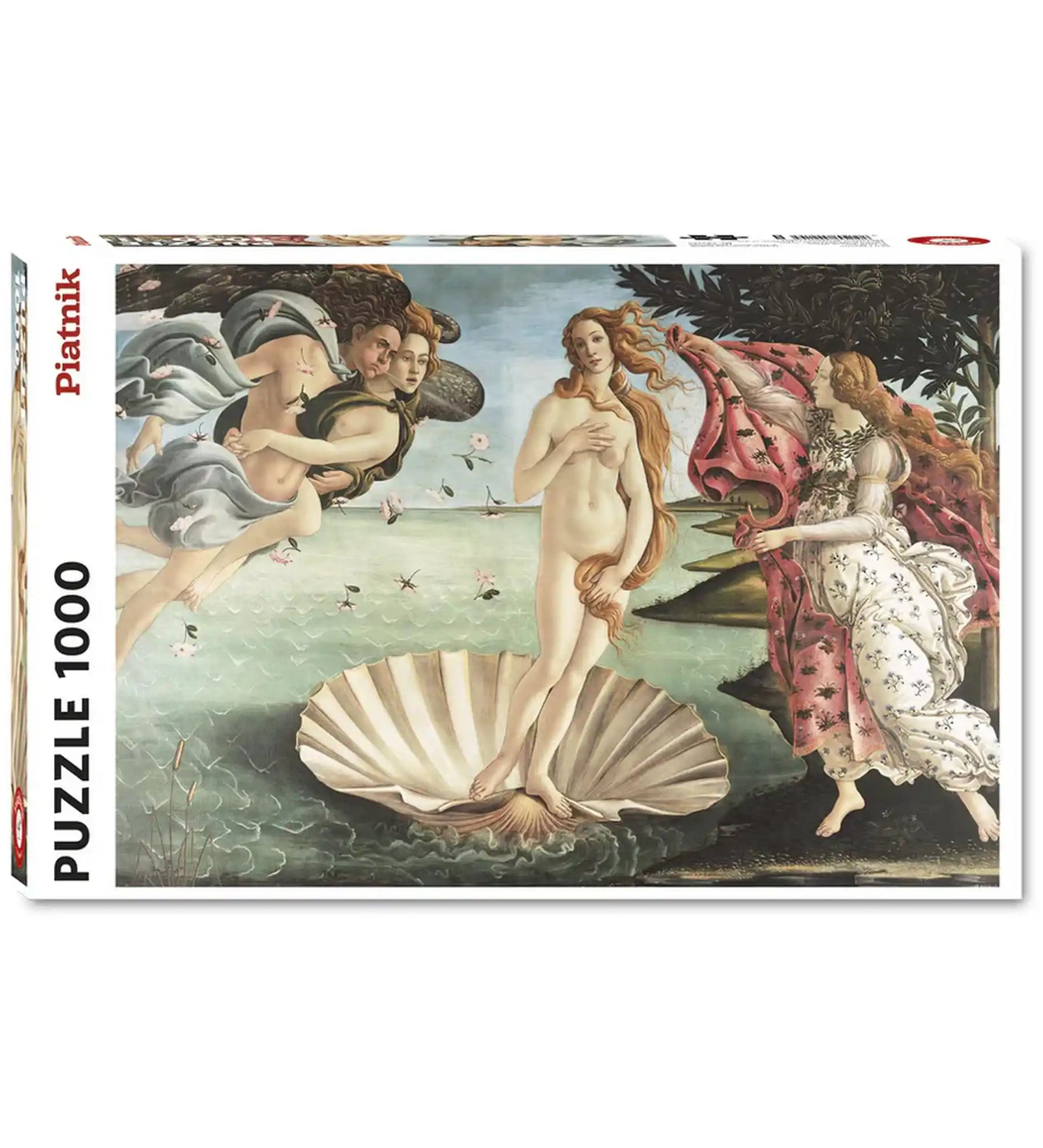 Puzzle Piatnik: Vénusz születése, 1000 darabos puzzle dobozképe Sandro Botticelli híres reneszánsz festményével, amely Vénusz kagylóból való megszületését ábrázolja mitológiai alakokkal.