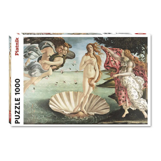Puzzle Piatnik: Vénusz születése, 1000 darabos puzzle dobozképe Sandro Botticelli híres reneszánsz festményével, amely Vénusz kagylóból való megszületését ábrázolja mitológiai alakokkal.