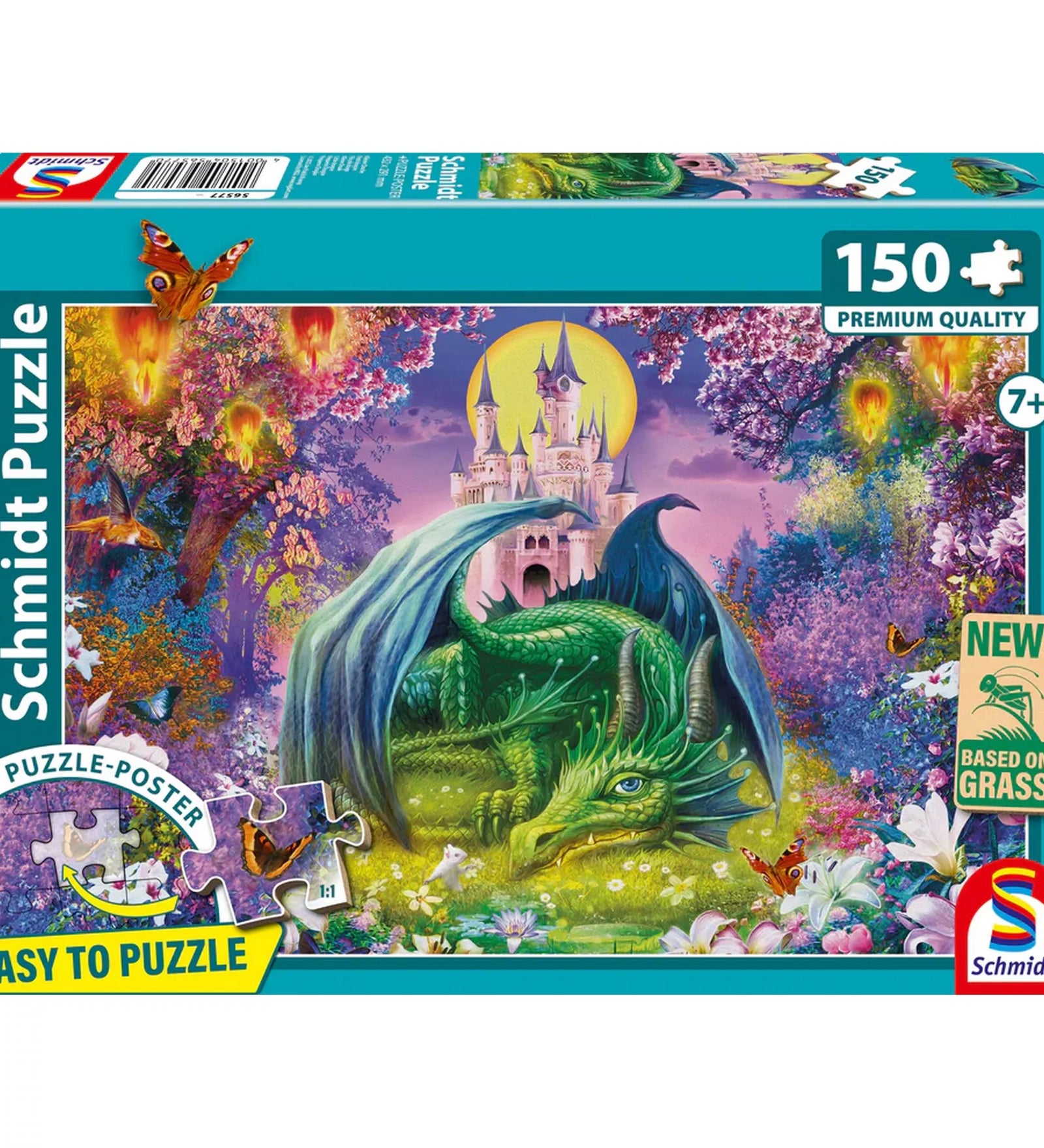 Schmidt Puzzle 150 darabos gyerek puzzle doboza, zöld sárkánnyal, mesebeli kastéllyal, virágzó erdővel és színes fantasy illusztrációval