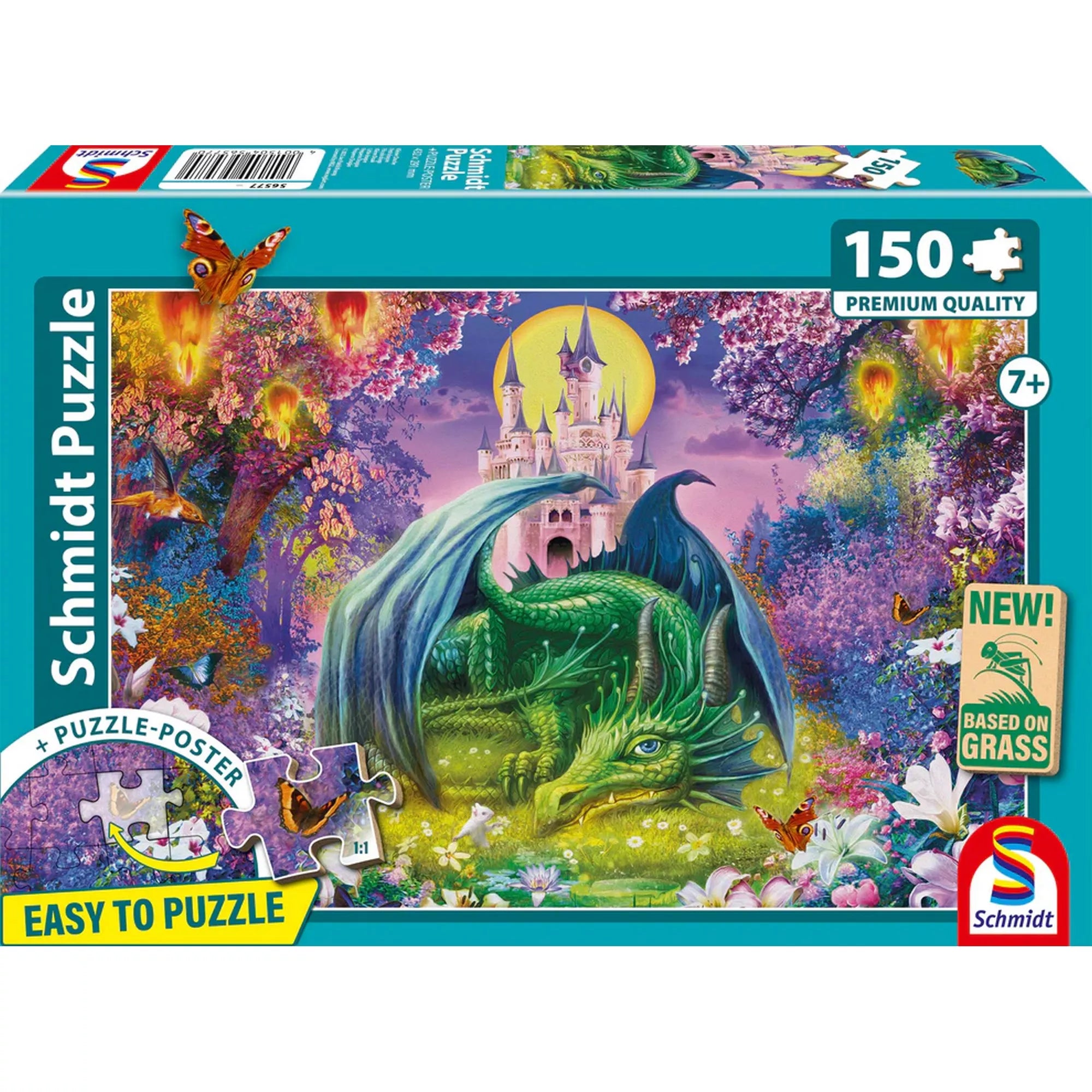 Schmidt Puzzle 150 darabos gyerek puzzle doboza, zöld sárkánnyal, mesebeli kastéllyal, virágzó erdővel és színes fantasy illusztrációval