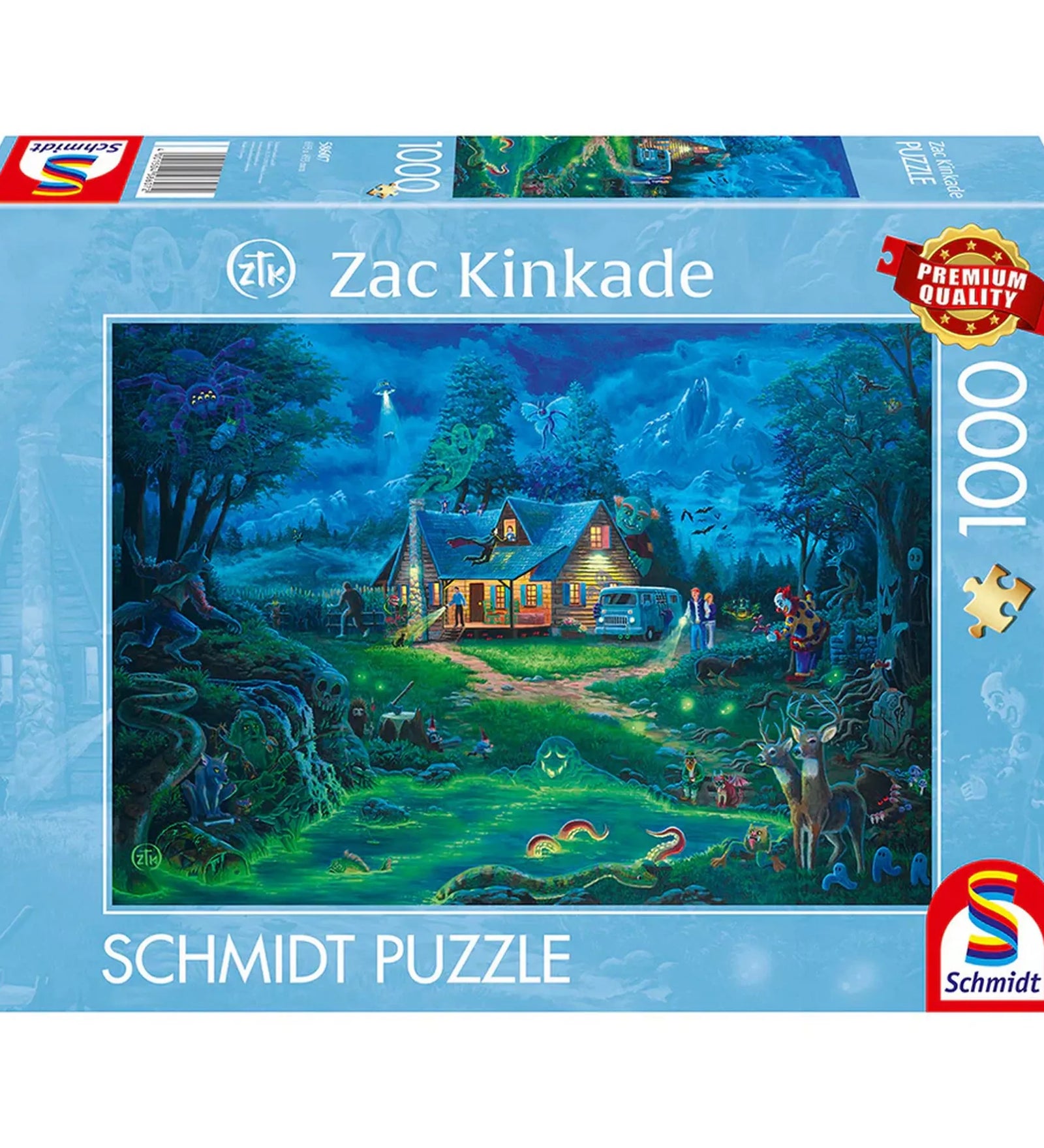 Schmidt Puzzle Zac Kinkade 1000 darabos kirakó doboza, sötét fantasy illusztrációval, éjszakai erdei jelenettel, titokzatos lényekkel és kivilágított faházzal