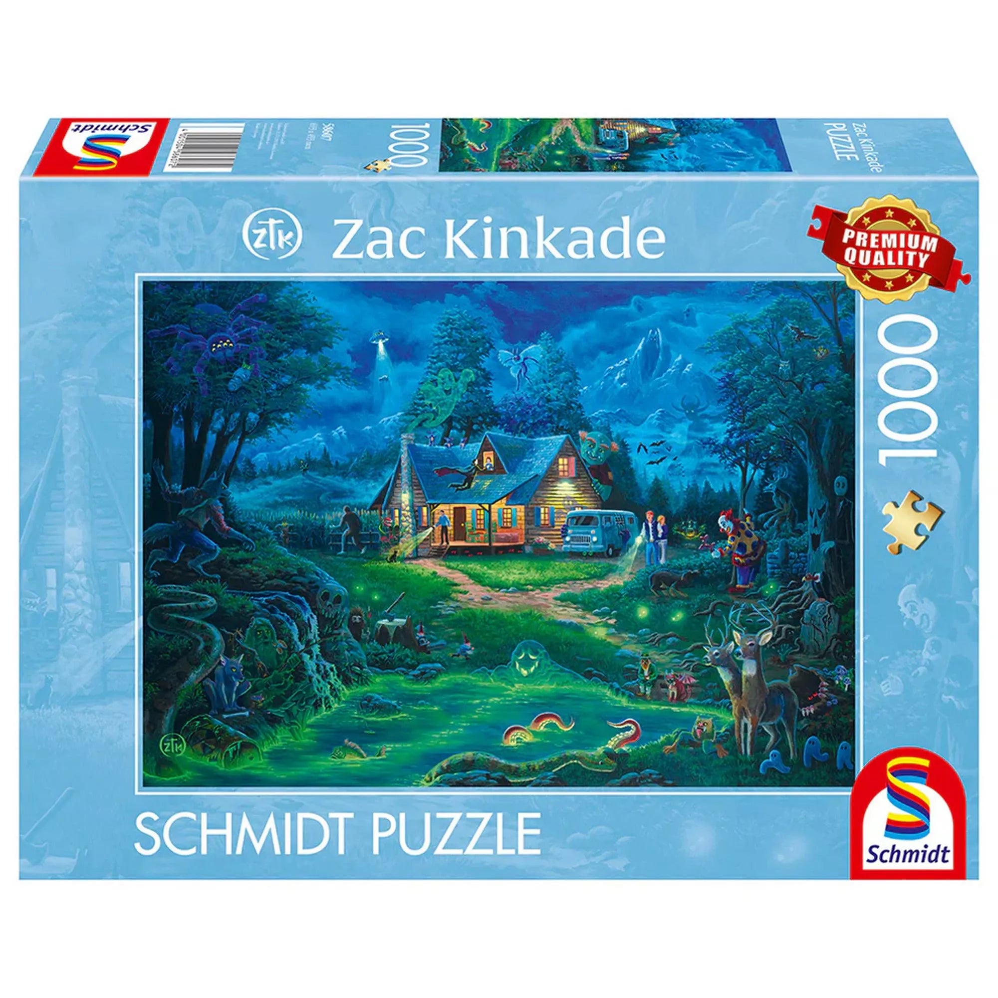 Schmidt Puzzle Zac Kinkade 1000 darabos kirakó doboza, sötét fantasy illusztrációval, éjszakai erdei jelenettel, titokzatos lényekkel és kivilágított faházzal