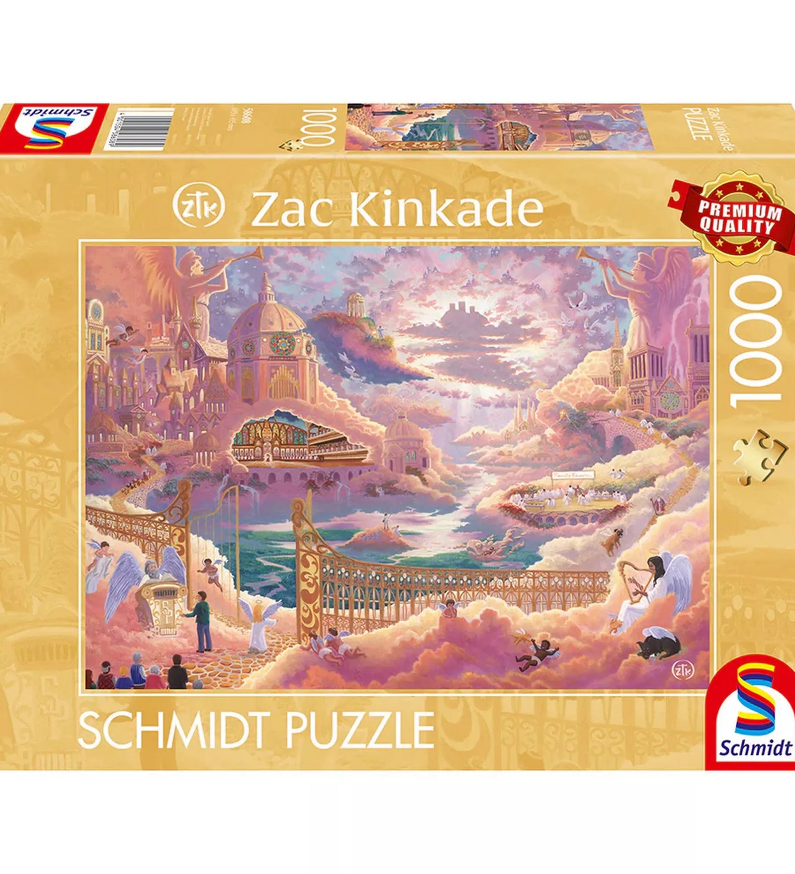 Zac Kinkade 1000 darabos Schmidt puzzle doboza, mennyei várost ábrázoló illusztrációval, angyalokkal, felhők között lebegő épületekkel és arany kapuval