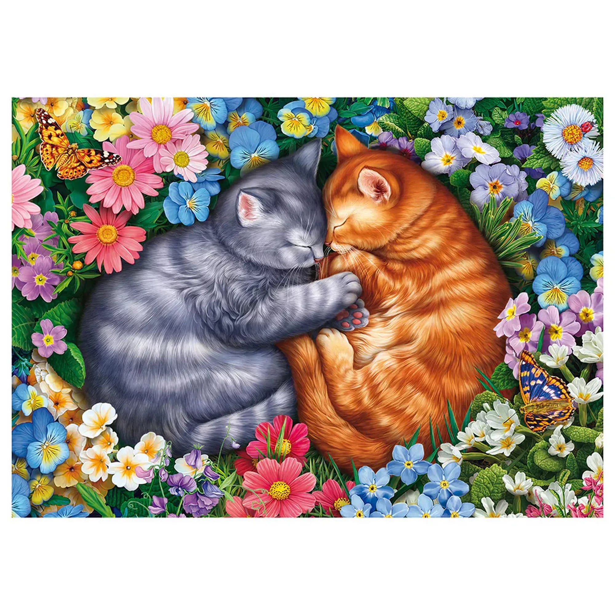 Schmidt Puzzle 1000 darabos kirakott képe, két alvó macska virágok koszorújában, részletgazdag, élénk színű, meghitt és nyugodt hangulatú jelenettel