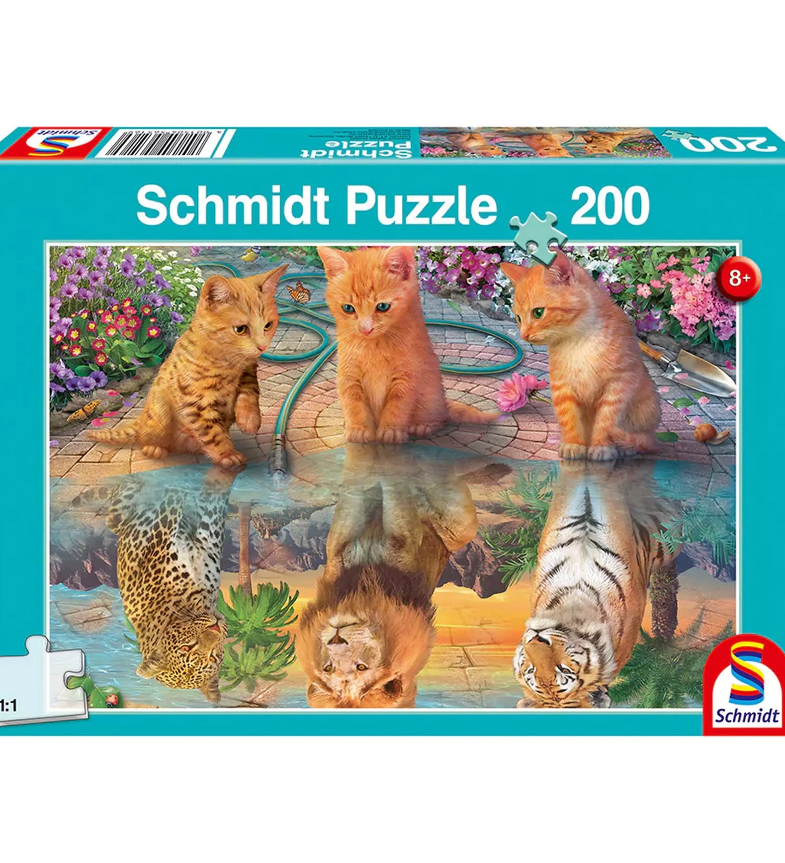 Puzzle Schmidt Amikor nagy leszek doboza, 200 darabos kirakó három kiscicával, akik a víz tükrében vadmacskákat látnak.