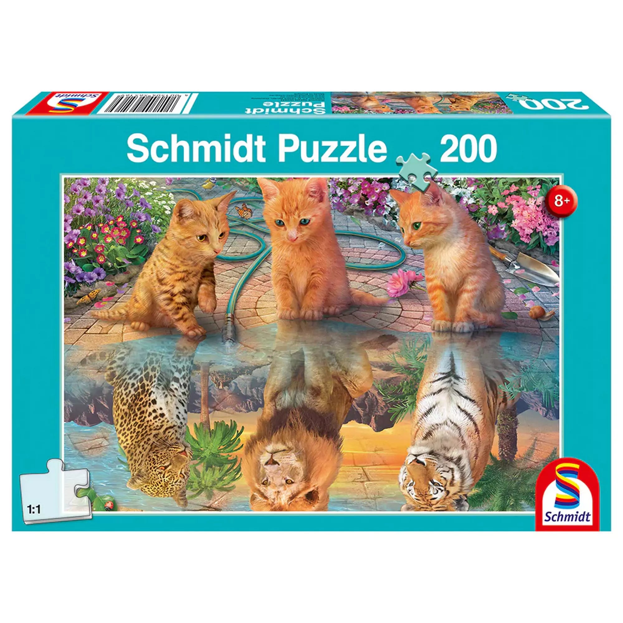 Puzzle Schmidt Amikor nagy leszek doboza, 200 darabos kirakó három kiscicával, akik a víz tükrében vadmacskákat látnak.