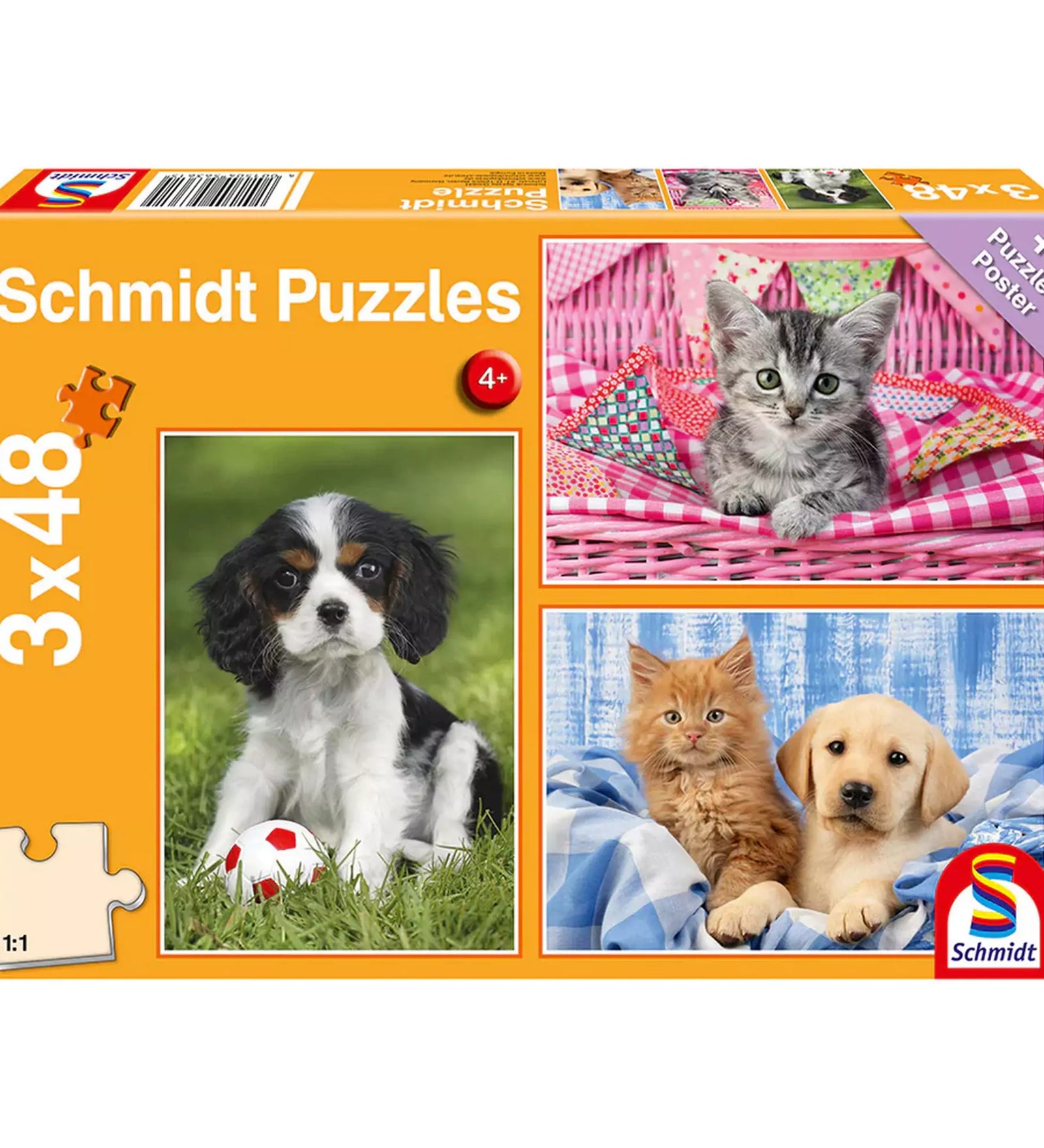 „Puzzle Schmidt, Aranyos állatkáim, 3x48 darabos – narancssárga doboz cicákkal és kutyákkal, kisgyermekeknek készült puzzle szett.”