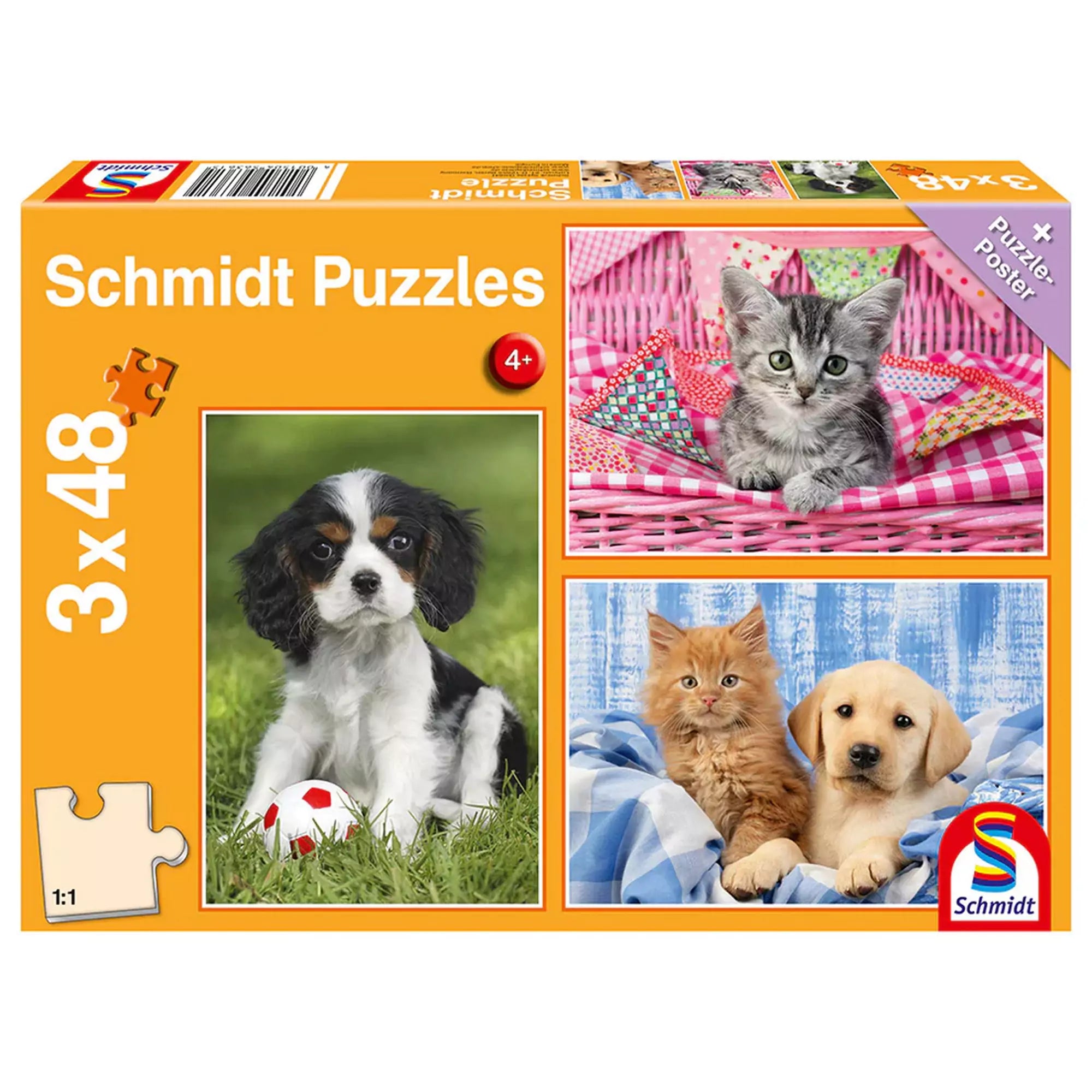 „Puzzle Schmidt, Aranyos állatkáim, 3x48 darabos – narancssárga doboz cicákkal és kutyákkal, kisgyermekeknek készült puzzle szett.”