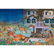 Puzzle Schmidt: Az állatok éjszakai látogatása, 100 darabos – kirakott puzzle képe, ahol róka, őzek, mosómedvék és baglyok láthatók egy holdfényes, mesés kertben.