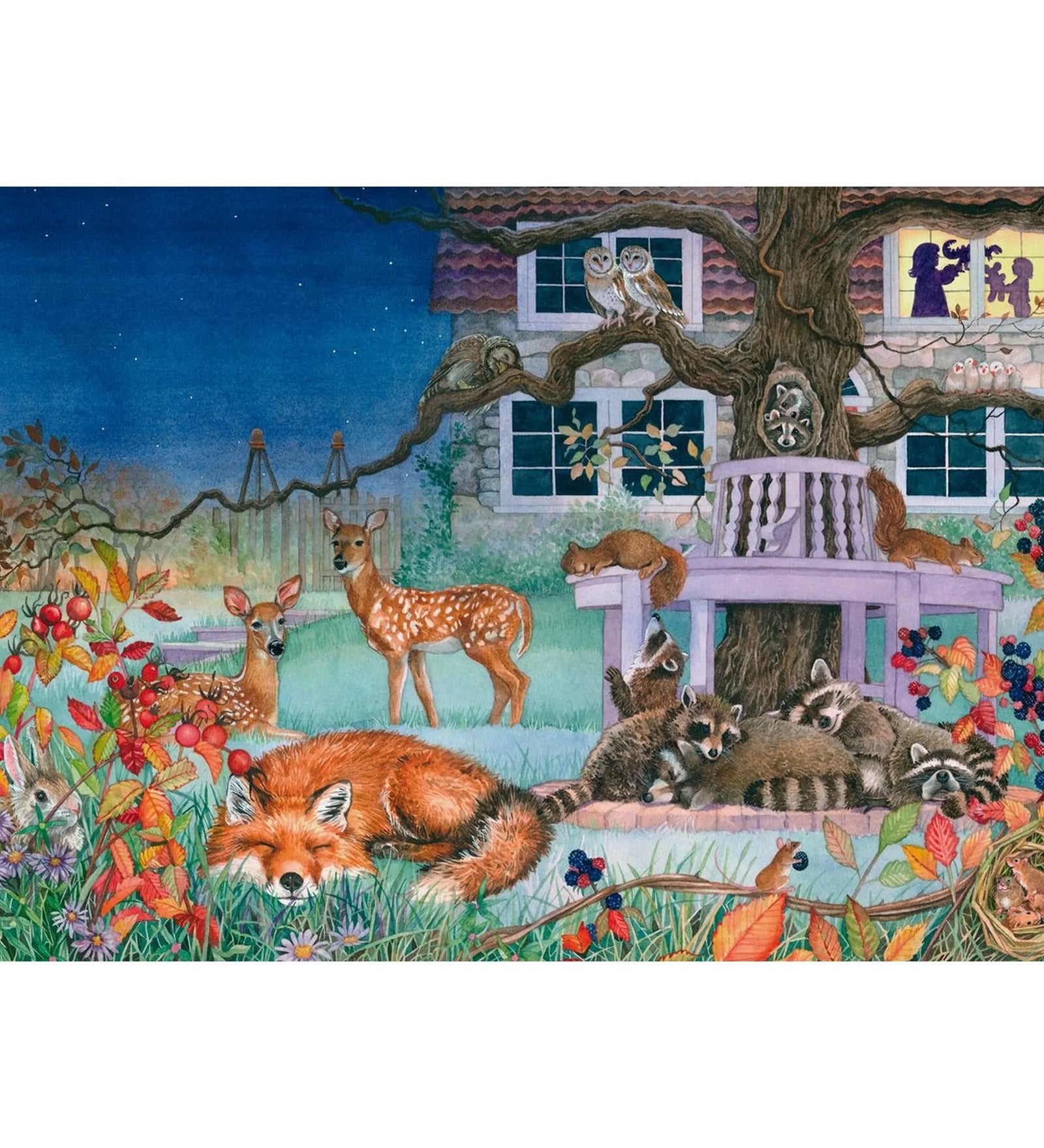 Puzzle Schmidt: Az állatok éjszakai látogatása, 100 darabos – kirakott puzzle képe, ahol róka, őzek, mosómedvék és baglyok láthatók egy holdfényes, mesés kertben.