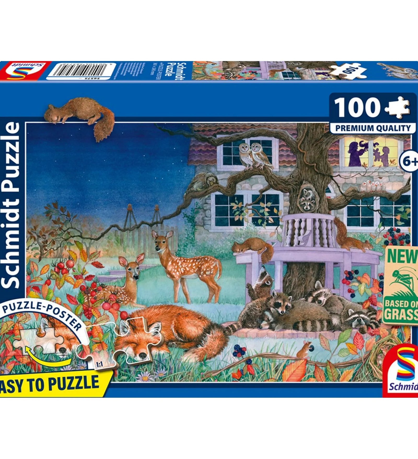 Puzzle Schmidt: Az állatok éjszakai látogatása, 100 darabos – dobozkép, erdei éjszakai jelenettel, rókával, őzekkel, baglyokkal és mosómedvékkel egy ház kertjében.