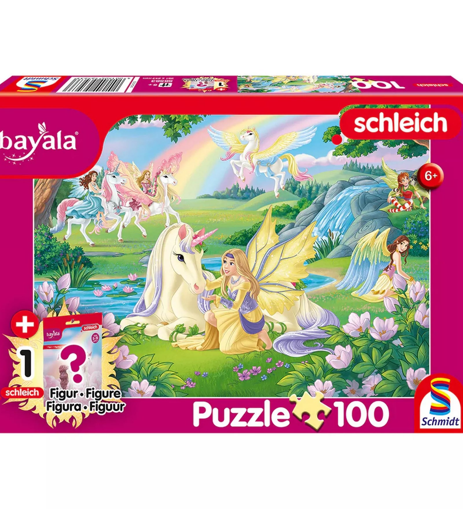 Schleich Bayala 100 darabos puzzle doboza, tündérekkel és szárnyas egyszarvúkkal, varázslatos mesebeli tájjal, ajándék figurával
