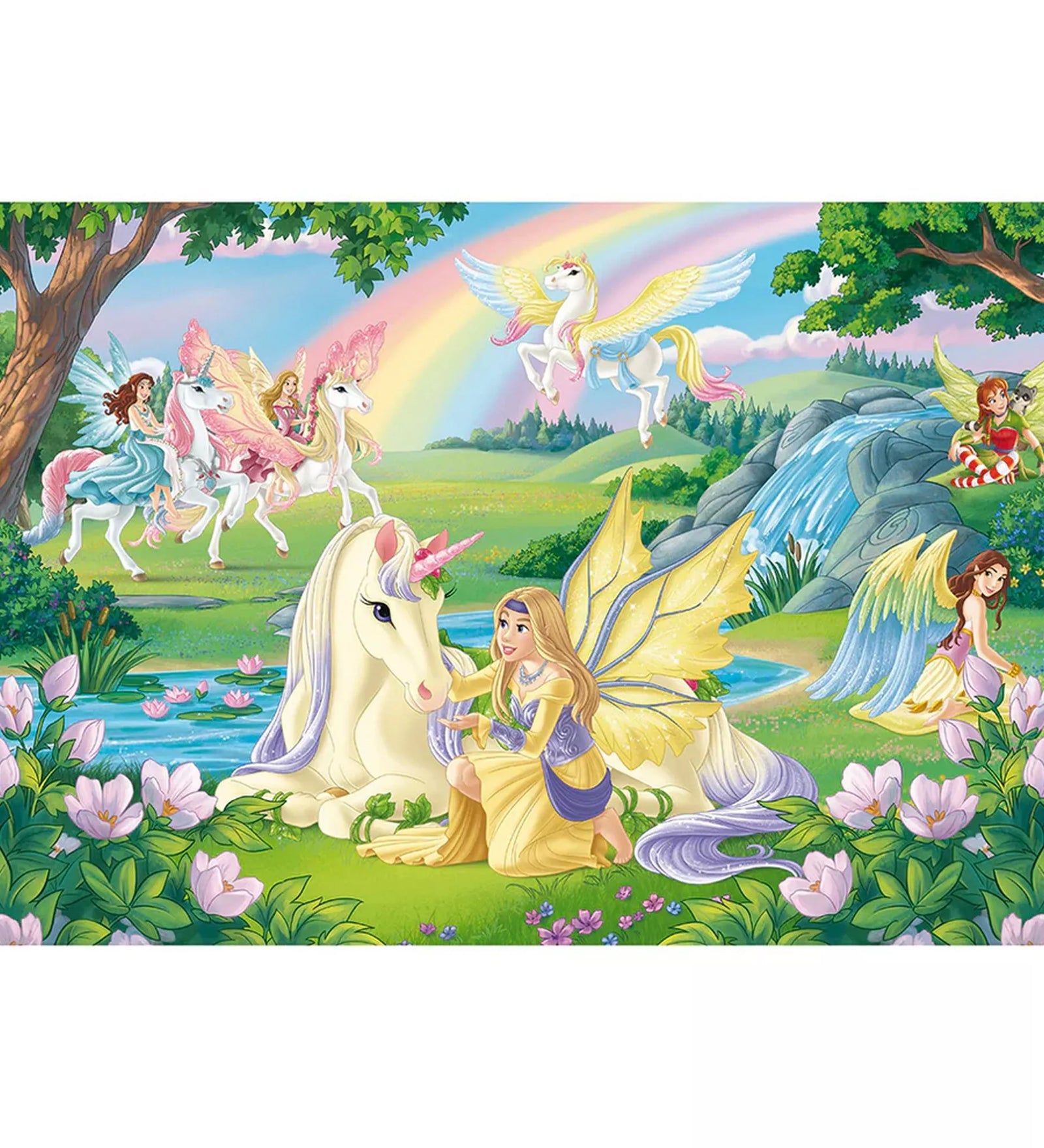 Schleich Bayala 100 darabos puzzle kirakott képe, tündérrel és egyszarvúval a patakparton, szivárvánnyal, virágokkal és mesebeli környezettel