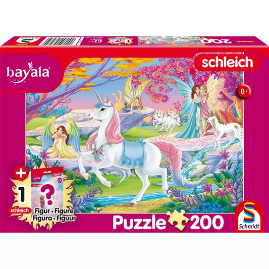 Schleich Bayala 200 darabos puzzle doboza, előlapon tündérekkel és egyszarvúval díszített fantasy illusztrációval, 8 éves kortól ajánlva