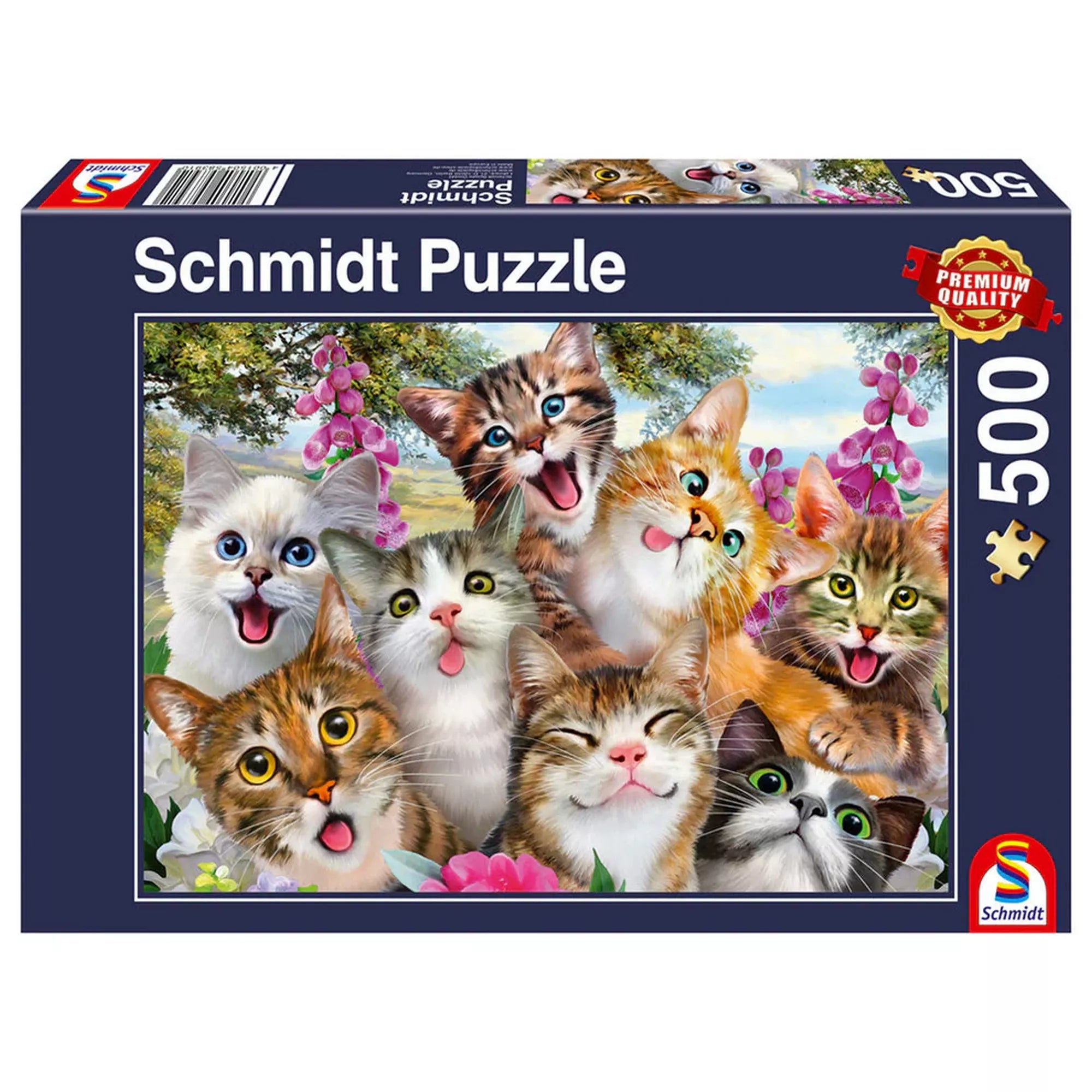 Puzzle Schmidt Cat selfie 500 darabos kirakó doboza, vidám cicák közös szelfijével, élénk színekkel és prémium megjelenéssel