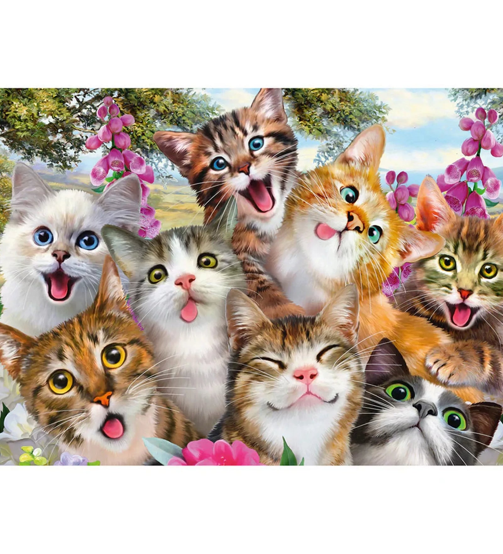 Puzzle Schmidt Cat selfie kész képe, aranyos macskák mosolygós arckifejezéssel, virágos háttérrel és részletgazdag illusztrációval