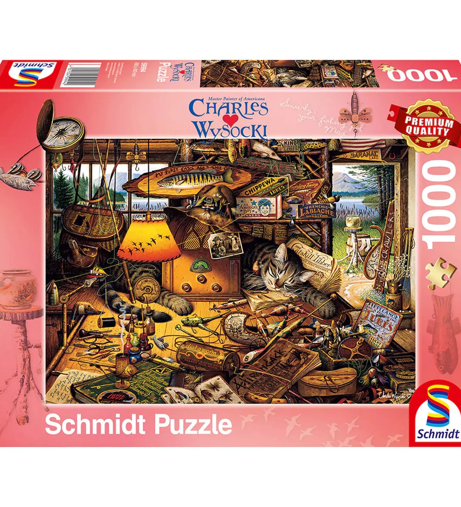  Puzzle Schmidt: Charles Wysocki, Max in Adirondacks – 1000 darabos prémium minőségű kirakó doboza, részletgazdag festménnyel egy hangulatos, zsúfolt faházbelsőről és alvó macskáról.