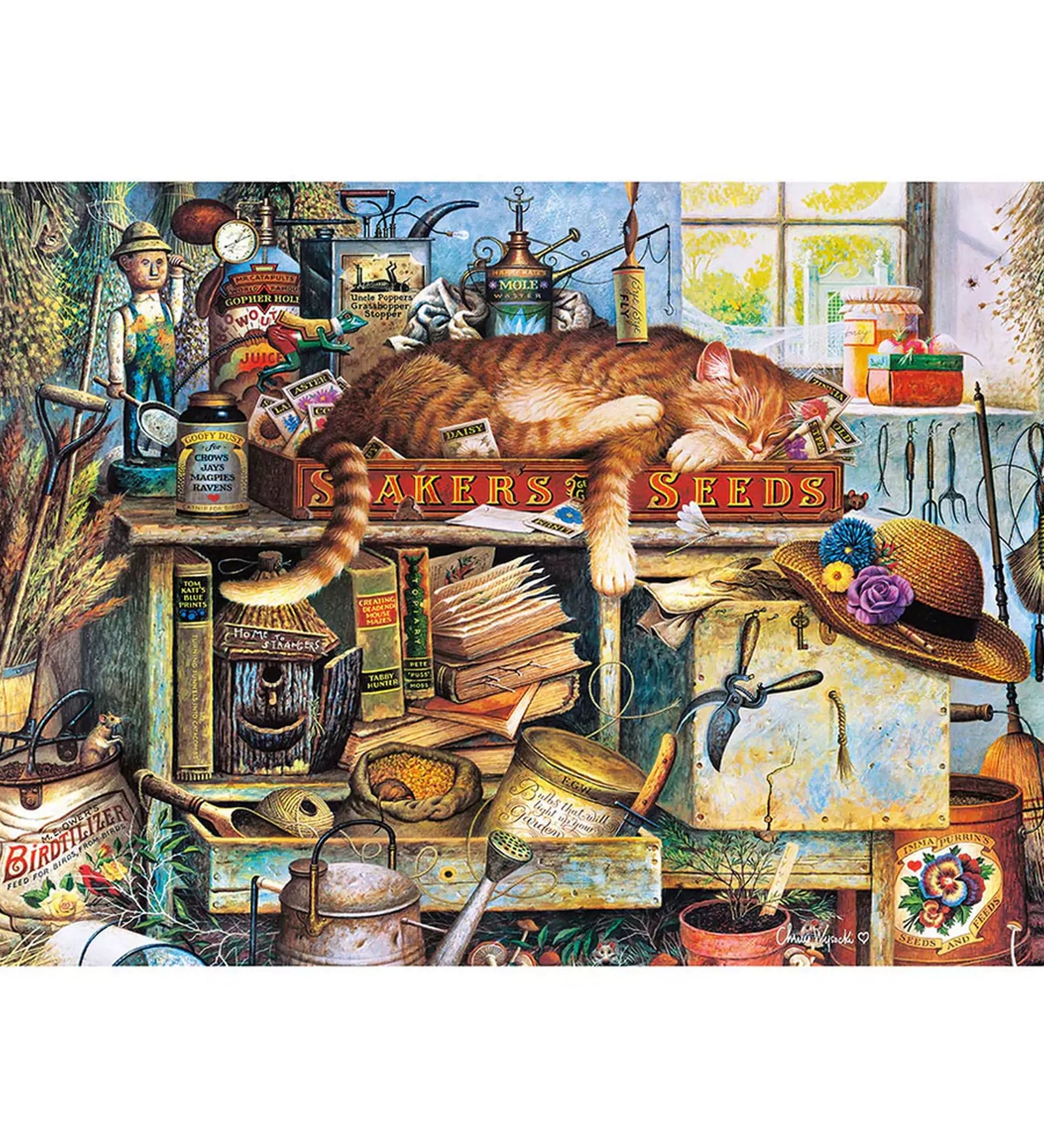 Puzzle Schmidt: Charles Wysocki, Remington the Horticulturist – részletgazdag festmény egy vidéki kertészműhely belsejéről, tele kerti eszközökkel, könyvekkel és egy lustán heverő vörös macskával a magokkal teli dobozon.