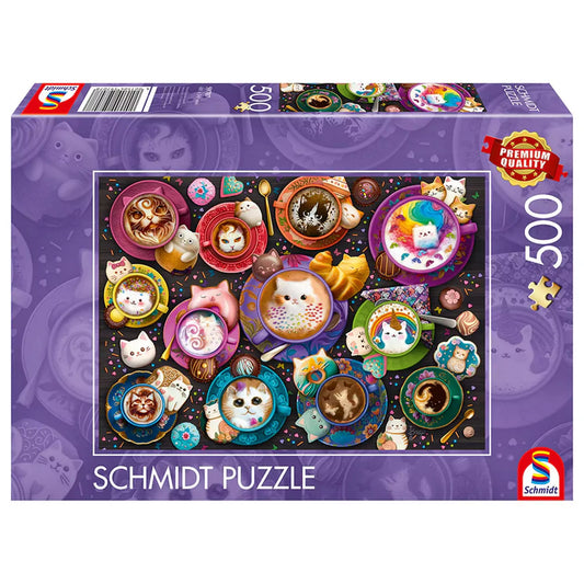 „Puzzle Schmidt: Coffee Art Kittens – 500 darabos kirakó doboza színes, kávés csészékkel és cicás motívumokkal díszítve.”