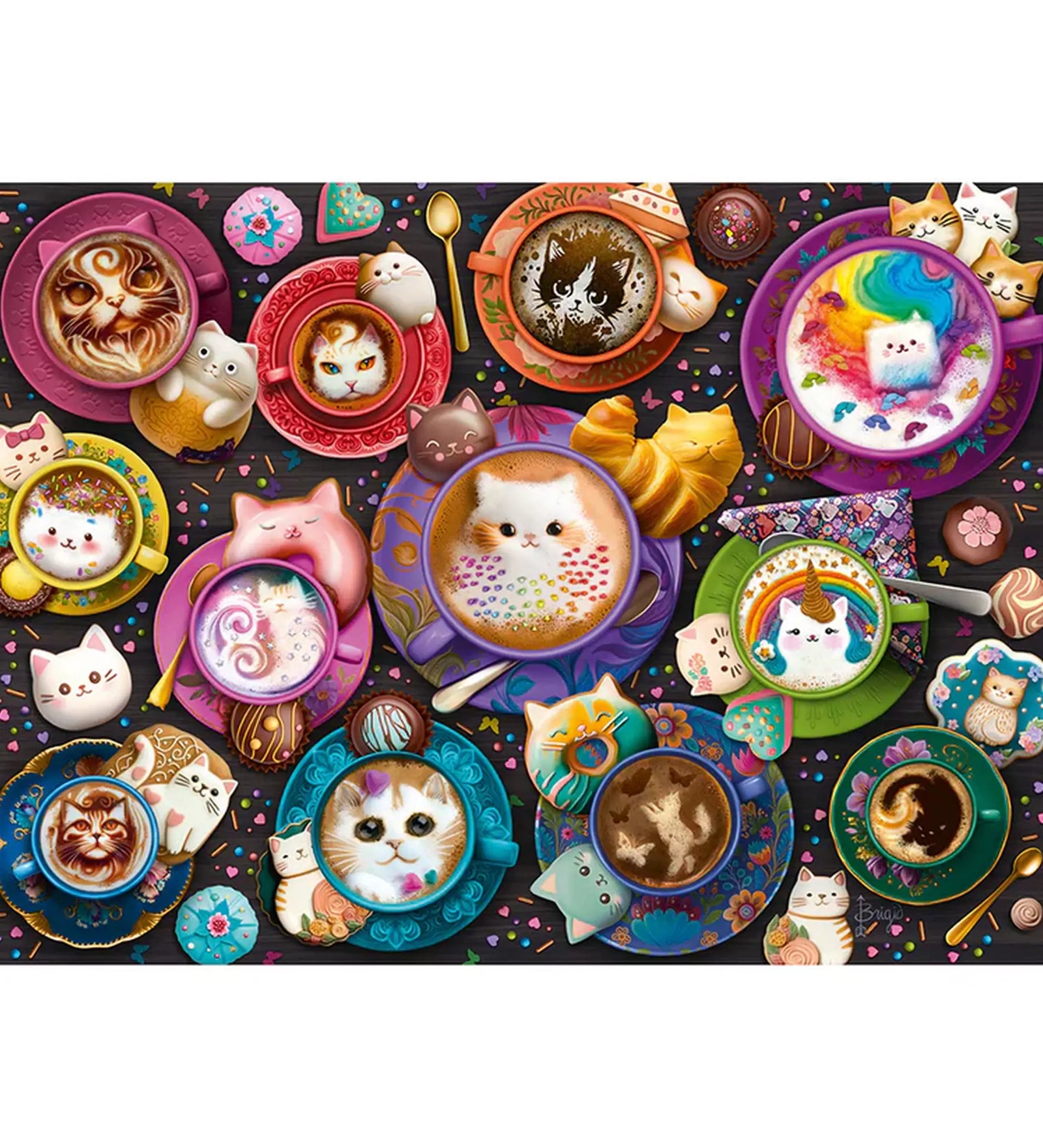 „Puzzle Schmidt: Coffee Art Kittens – 500 darabos kirakó képe aranyos cicás latte art kávékkal és színes desszertekkel.”