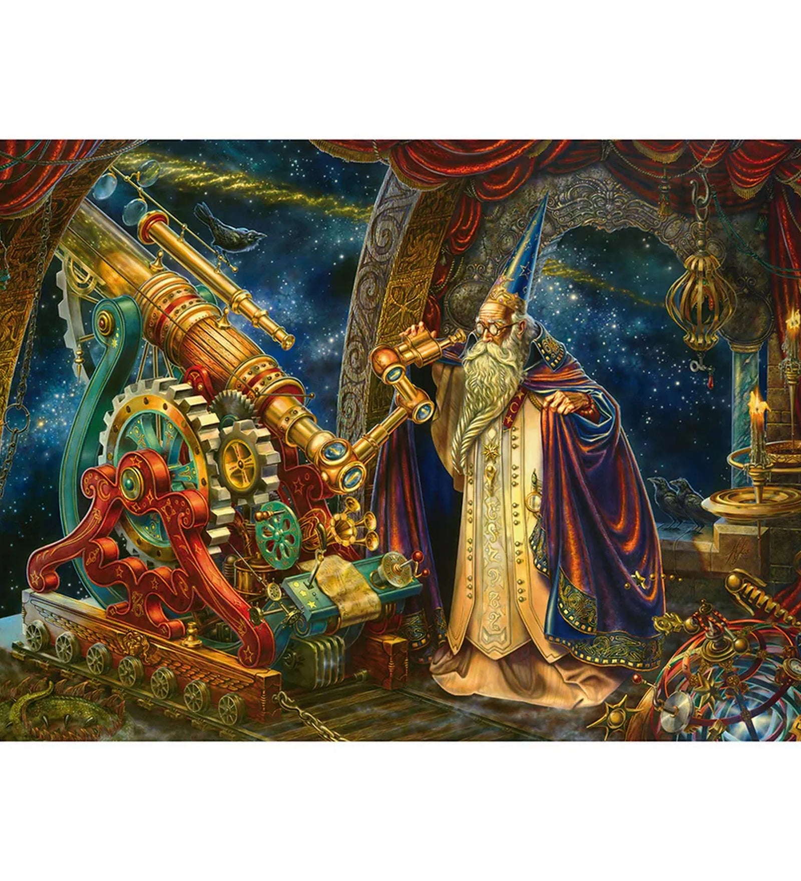 Zac Kinkade 1000 darabos Schmidt puzzle kirakott képe, idős varázslóval, részletgazdag csillagvizsgálóval, teleszkóppal és misztikus éjszakai hangulattal
