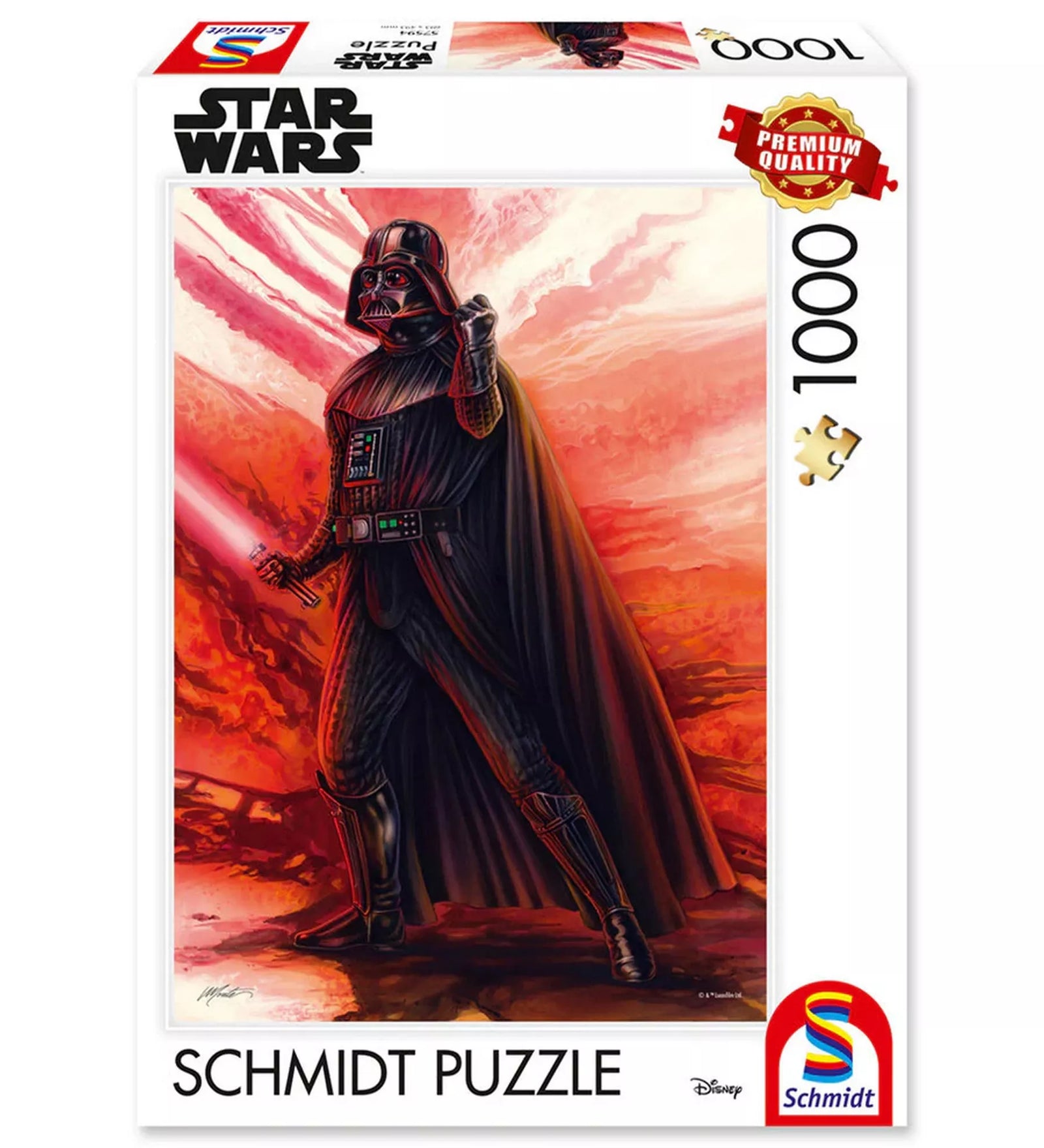 Schmidt Puzzle Thomas Kinkade Star Wars Sith dobozkép, 1000 darabos kirakó prémium minőségben, Darth Vader vörös fénykarddal, Star Wars logóval és Schmidt márkajelzéssel.