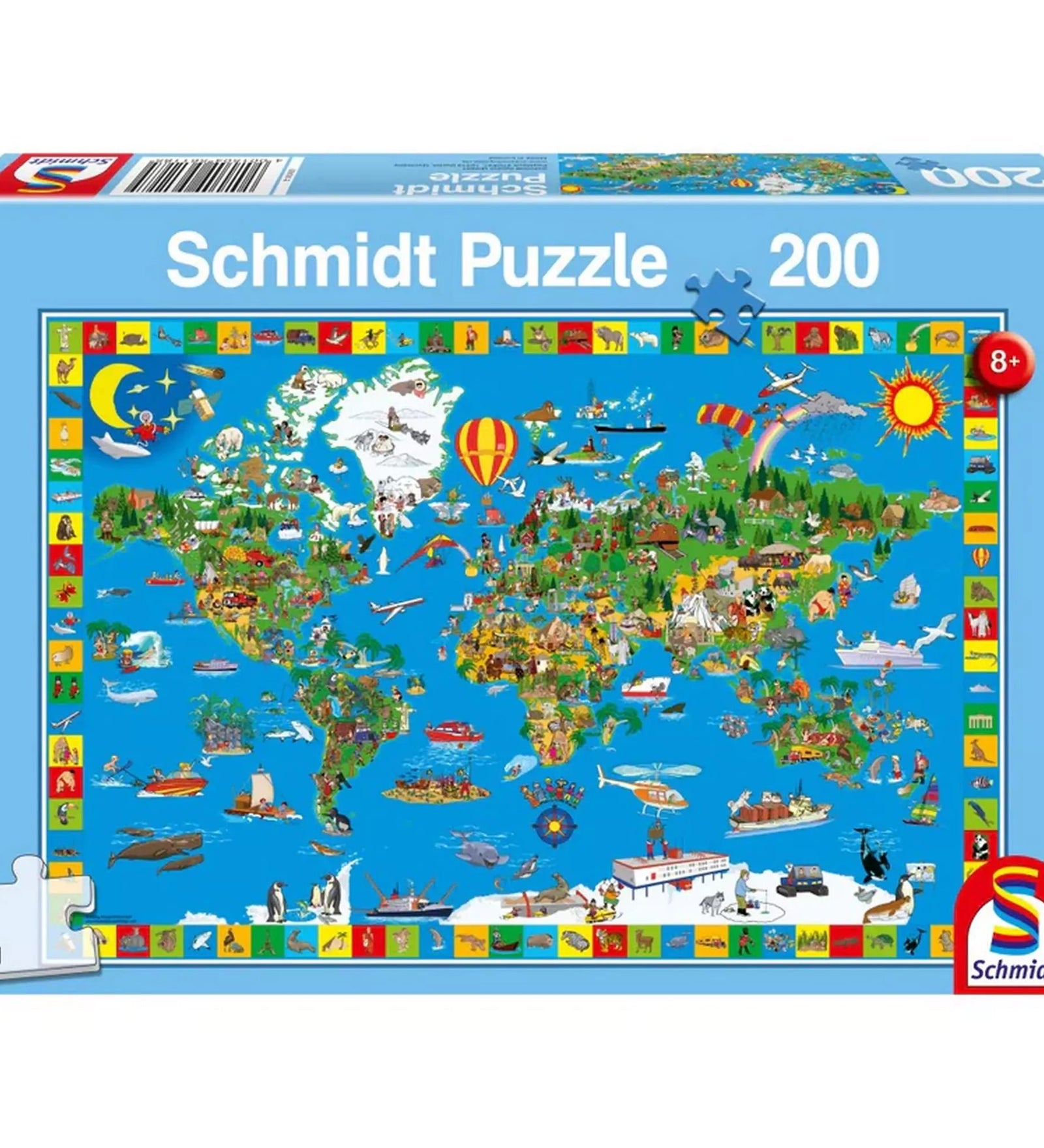 Schmidt Puzzle 200 darabos - Világtérkép színes részletekkel és vidám illusztrációkkal, tökéletes a felfedezők számára.
