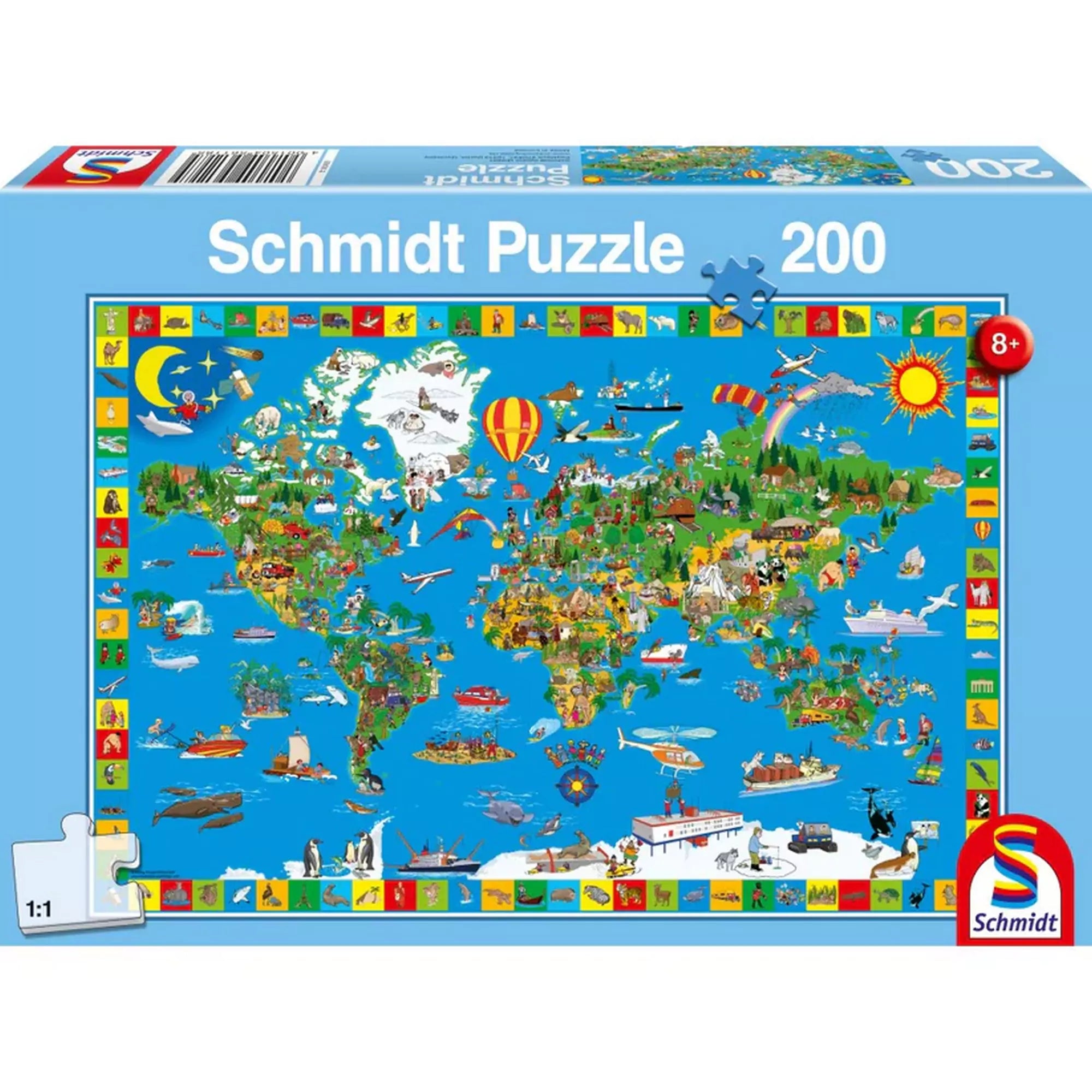 Schmidt Puzzle 200 darabos - Világtérkép színes részletekkel és vidám illusztrációkkal, tökéletes a felfedezők számára.