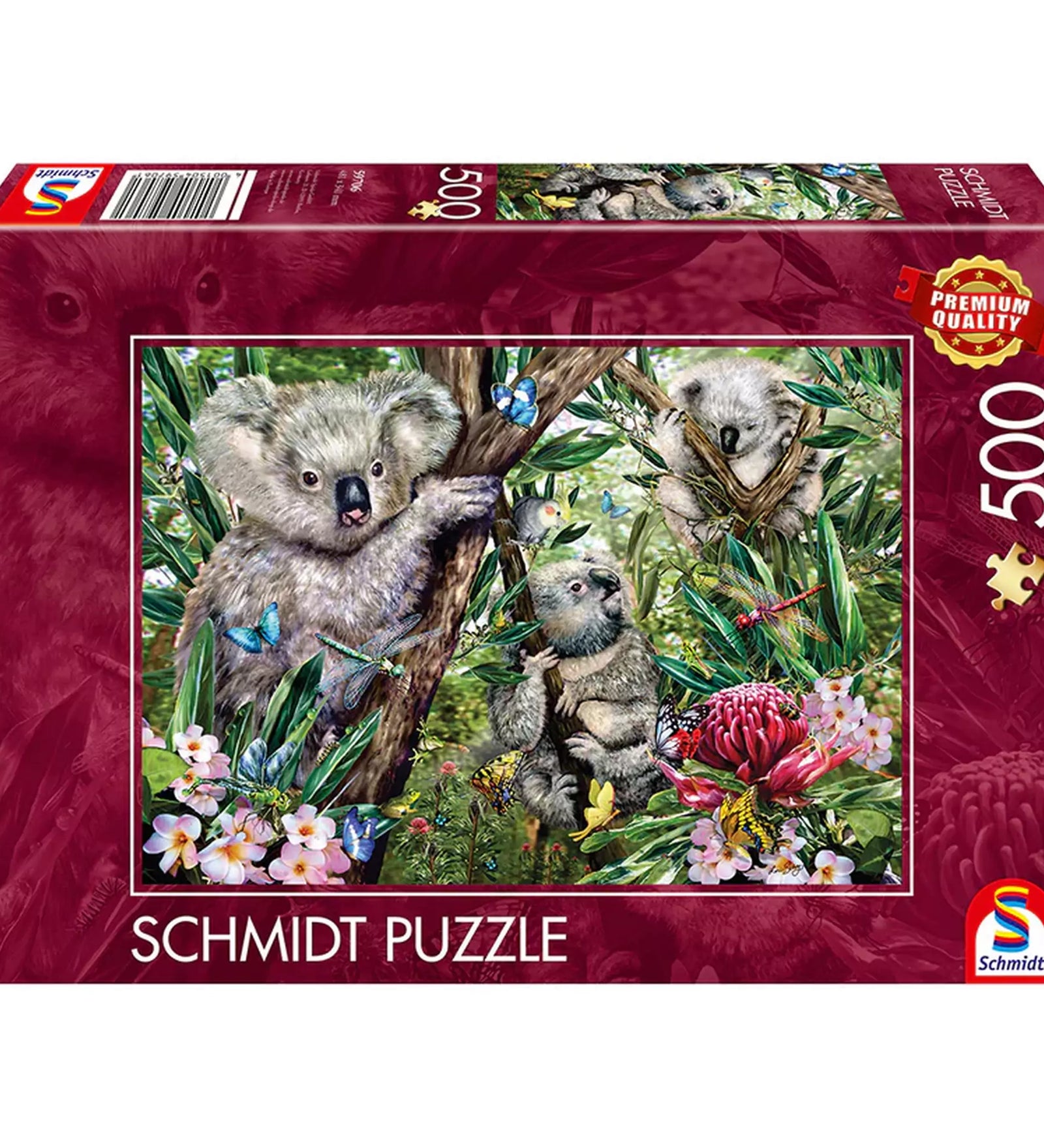 „Puzzle Schmidt: Cuki koalacsalád – 500 darabos kirakó doboza, élénk zöld dzsungel háttérrel és bájos koalákkal.”