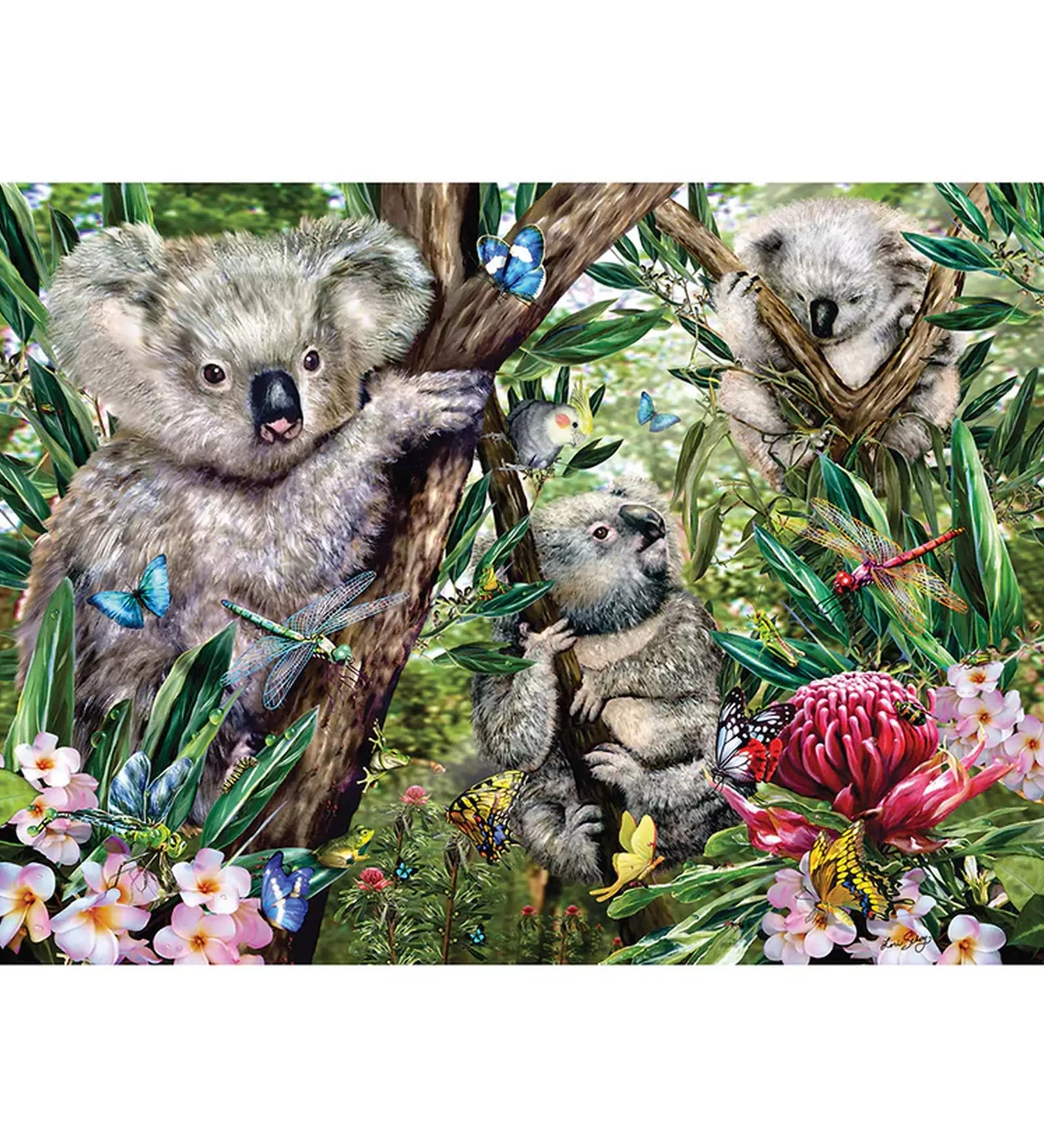 „Puzzle Schmidt: Cuki koalacsalád – 500 darabos kirakó képe részletgazdag erdei jelenettel és három aranyos koalával virágok és lepkék között.”