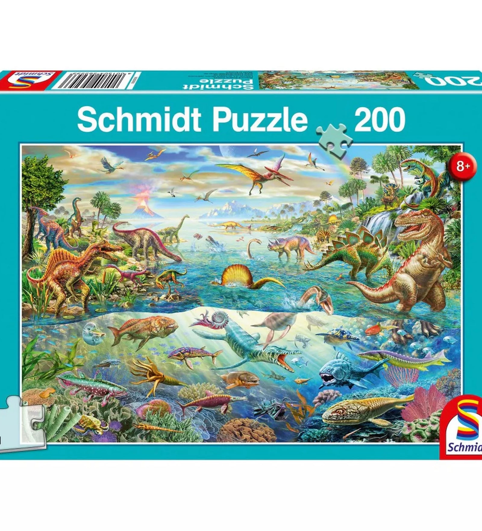 Schmidt Puzzle Fedezd fel a dinoszauruszokat dobozkép, 200 darabos gyermek puzzle, szárazföldi, vízi és repülő dinoszauruszokkal, színes és részletgazdag őslény illusztrációval.